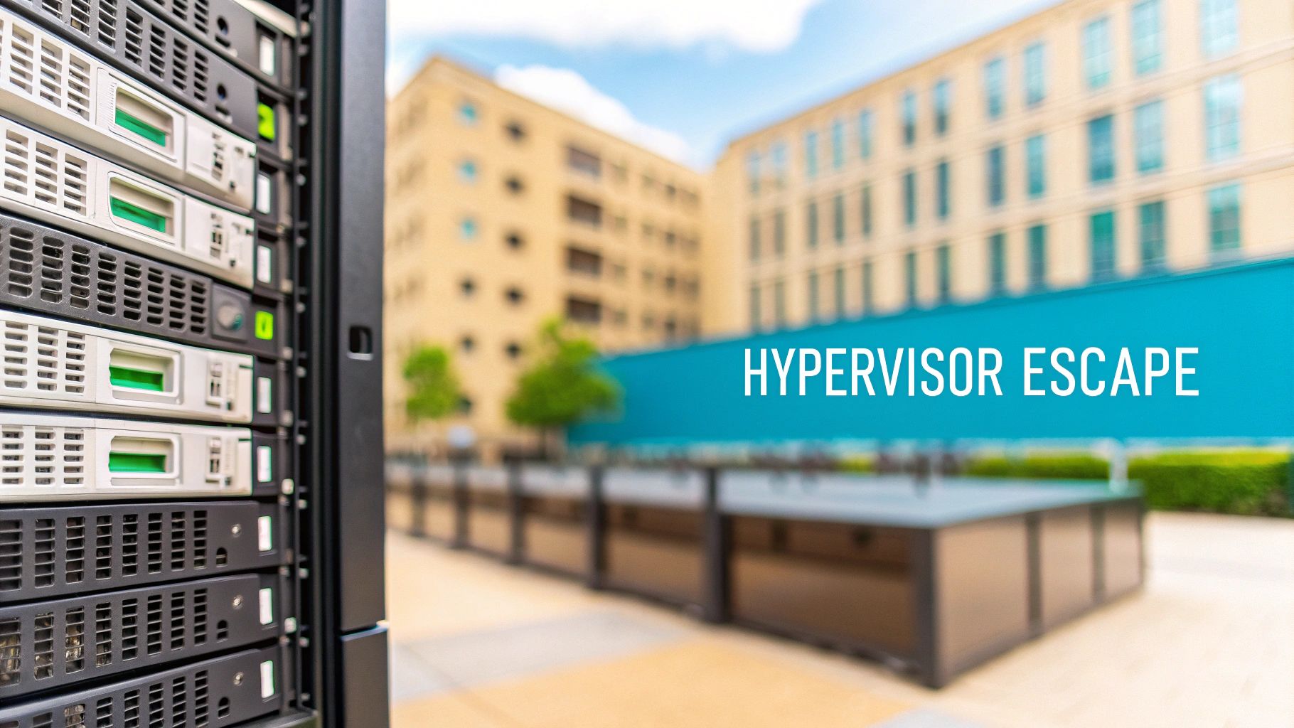 Close-up of a server rack with a blurred background showing buildings and the text 'HYPERVISOR ESCAPE'.
