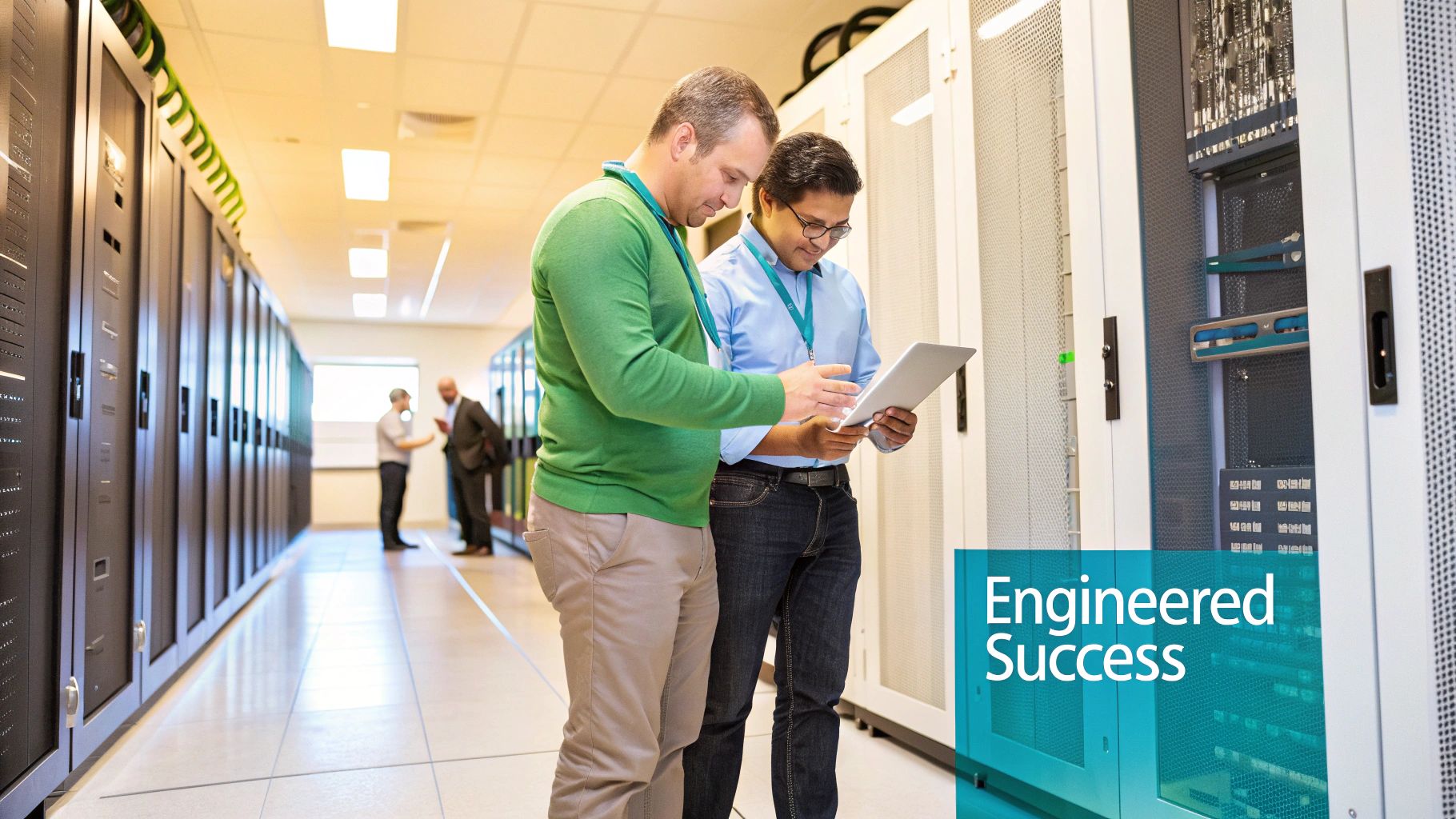 Two IT professionals reviewing data on a tablet in a modern server room, surrounded by server racks.