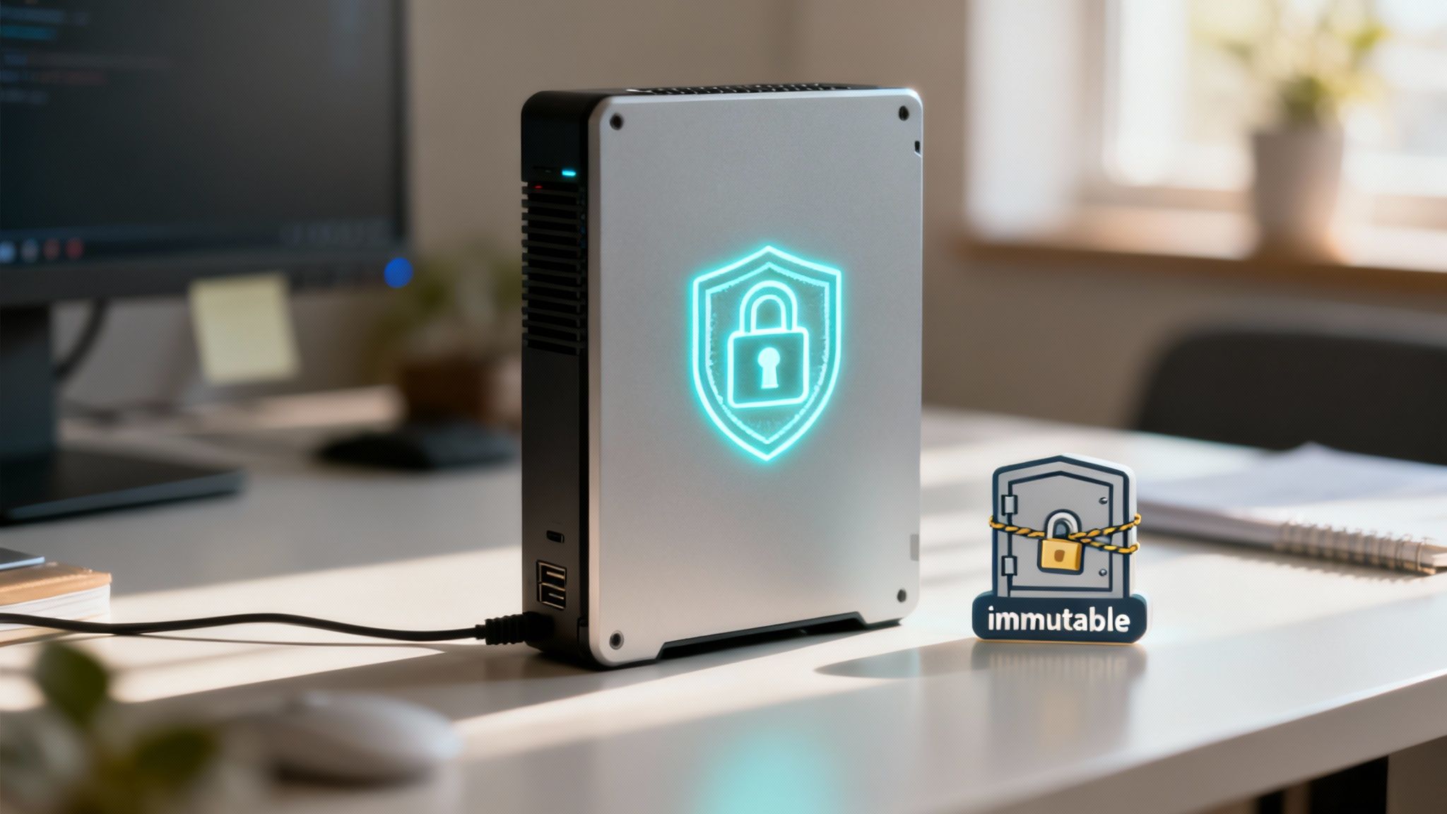 Immutable backup device with glowing shield and padlock icon symbolizing cybersecurity protection on desk