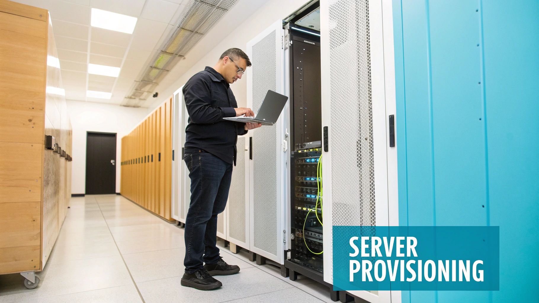 An IT technician works on a laptop in a data center, managing server racks for provisioning.