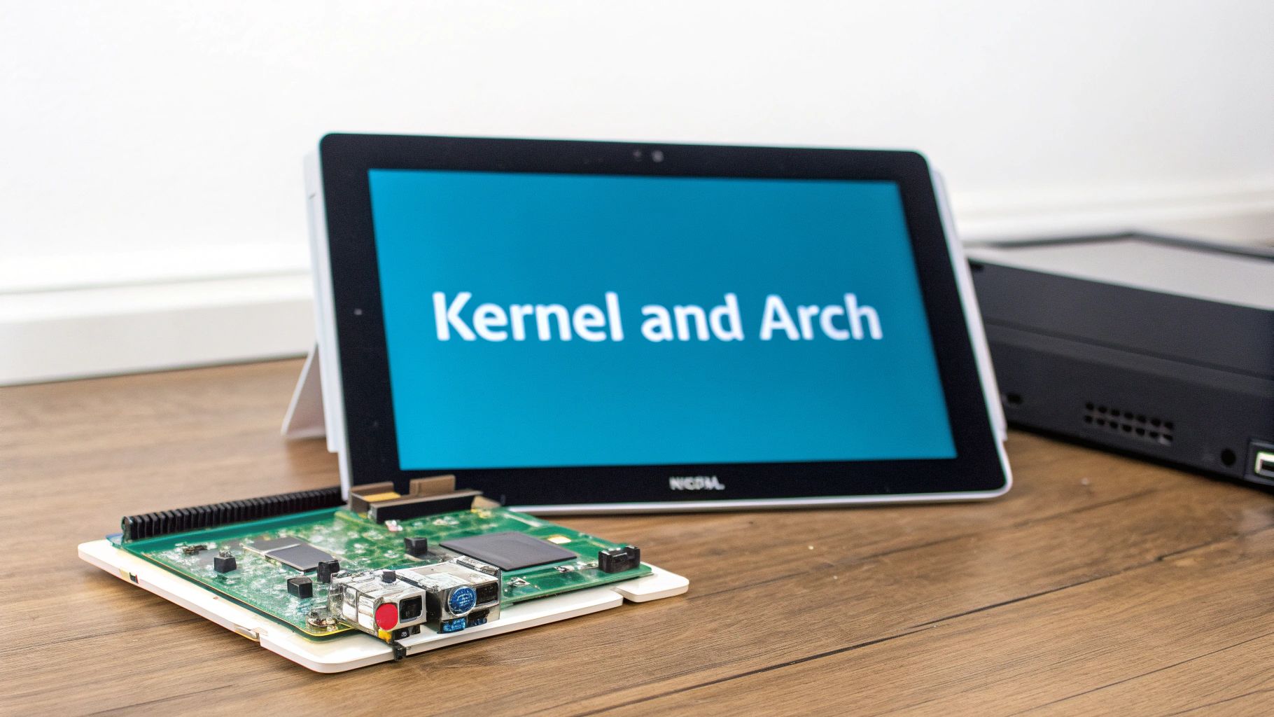 A development board and a tablet displaying 'Kernel and Arch' on a wooden surface, a tech setup.