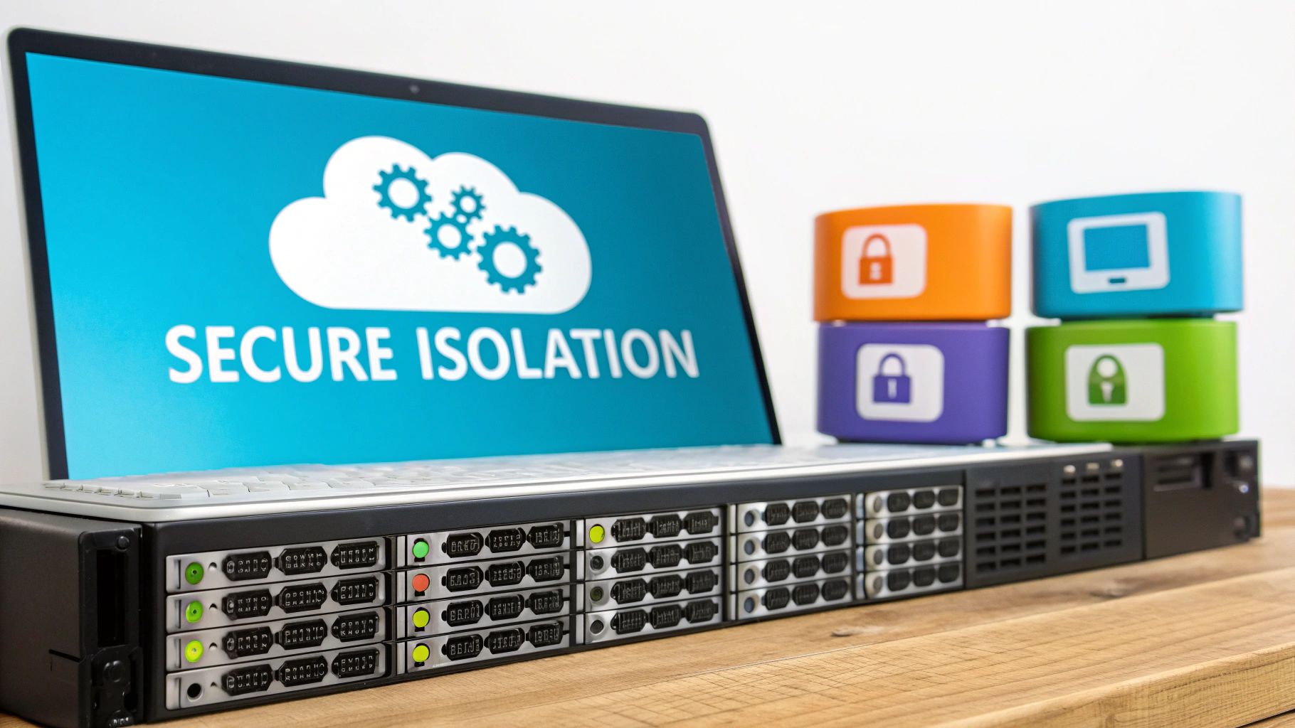 Laptop on a server rack displays 'Secure Isolation' cloud text, with security and device icon blocks.