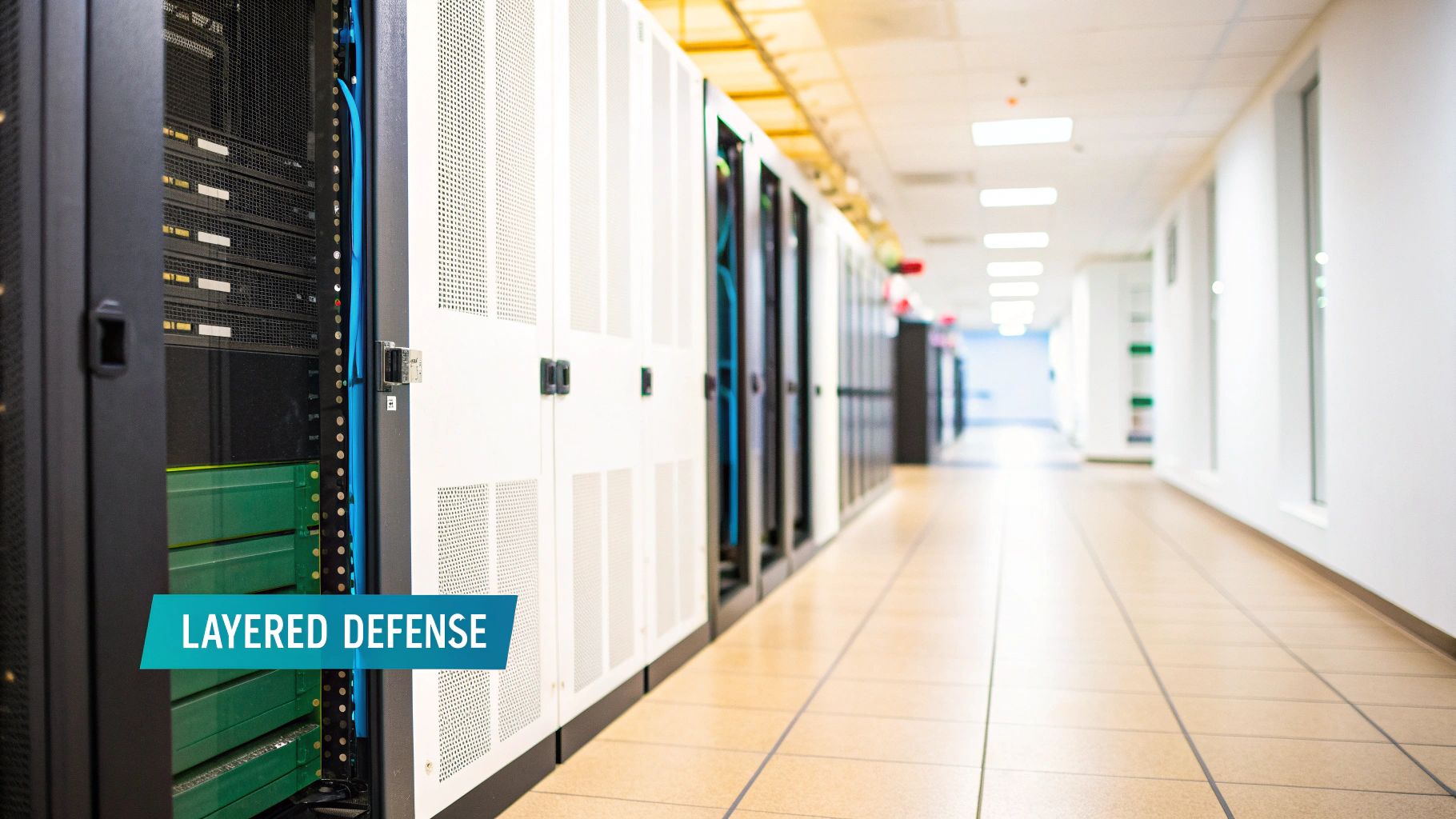 Inside a modern data center showing rows of server racks with networking cables and hardware.