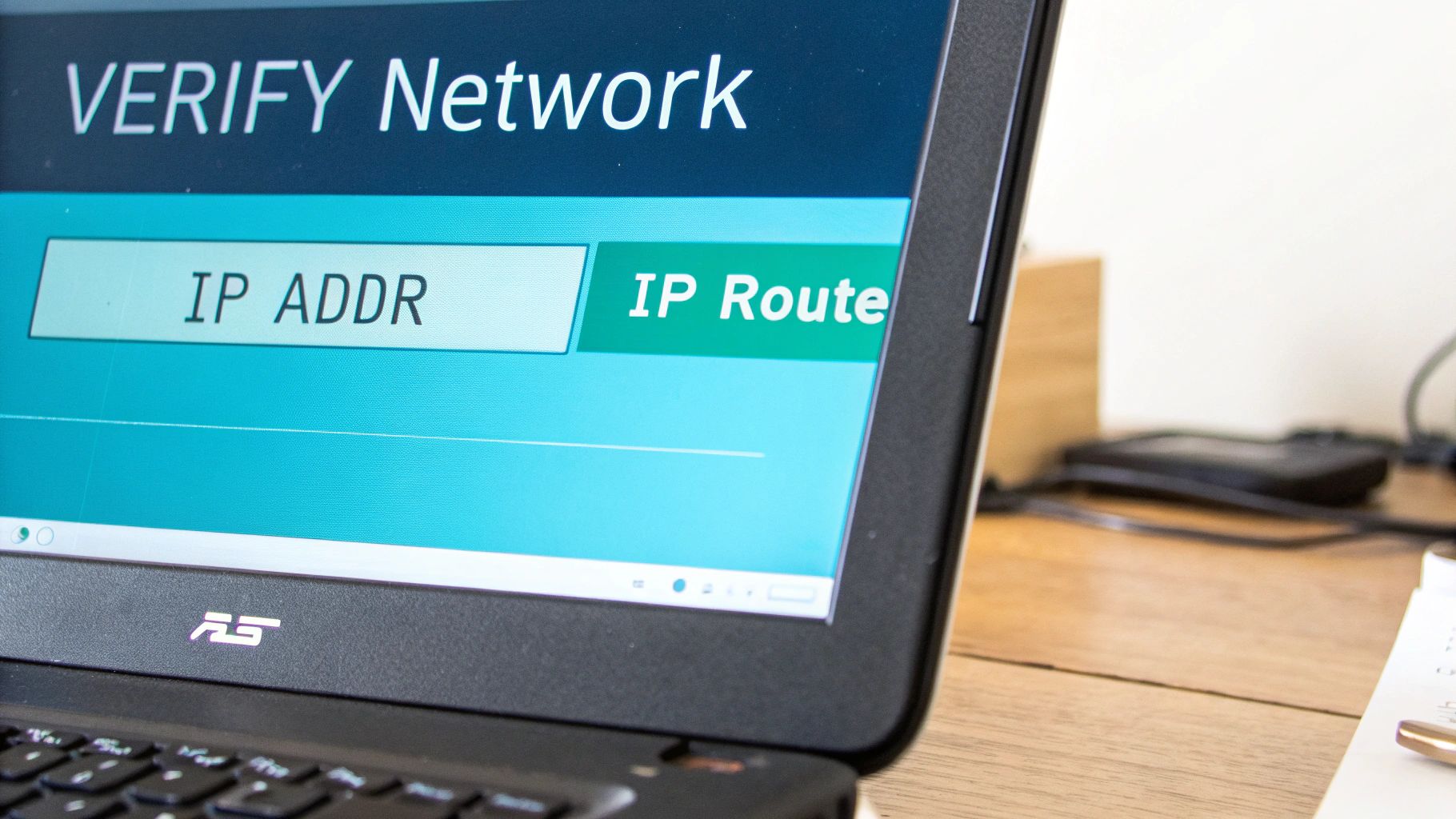 A close-up of a laptop screen showing 'VERIFY Network' with 'IP ADDR' and 'IP Route' options.
