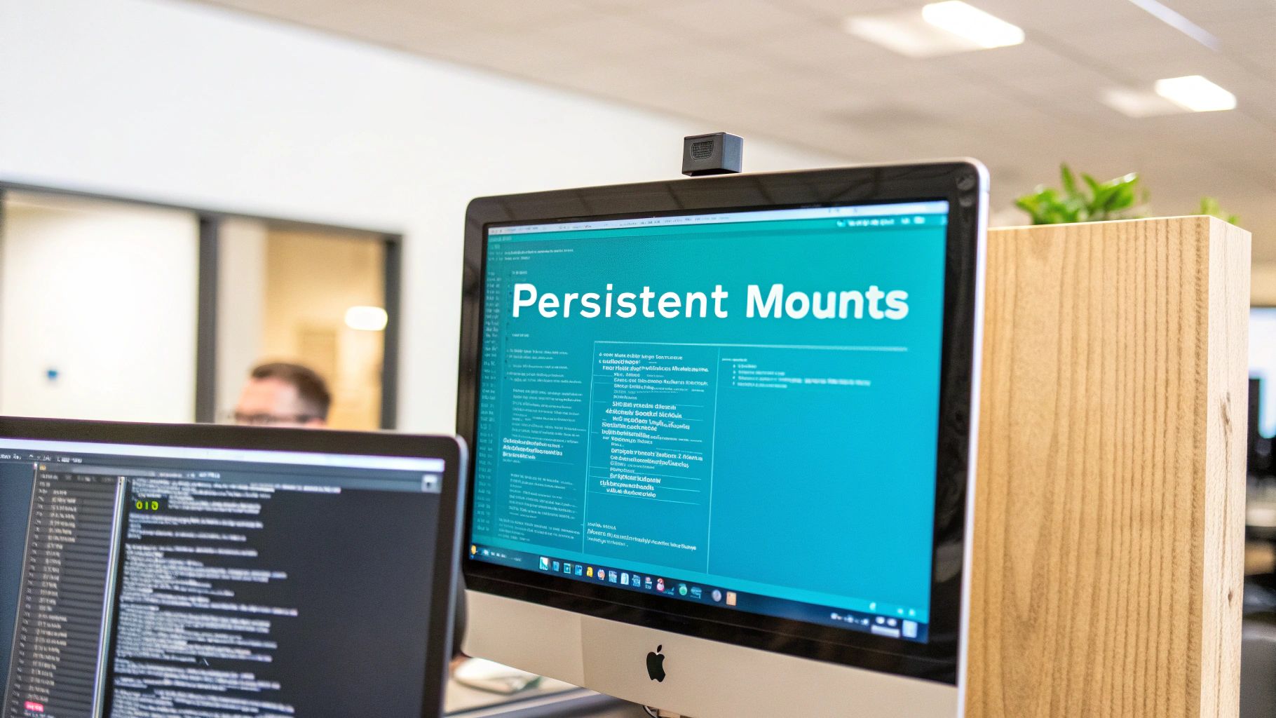 Close-up of two computer monitors in an office, one displaying 'Persistent Mounts' on a blue screen.