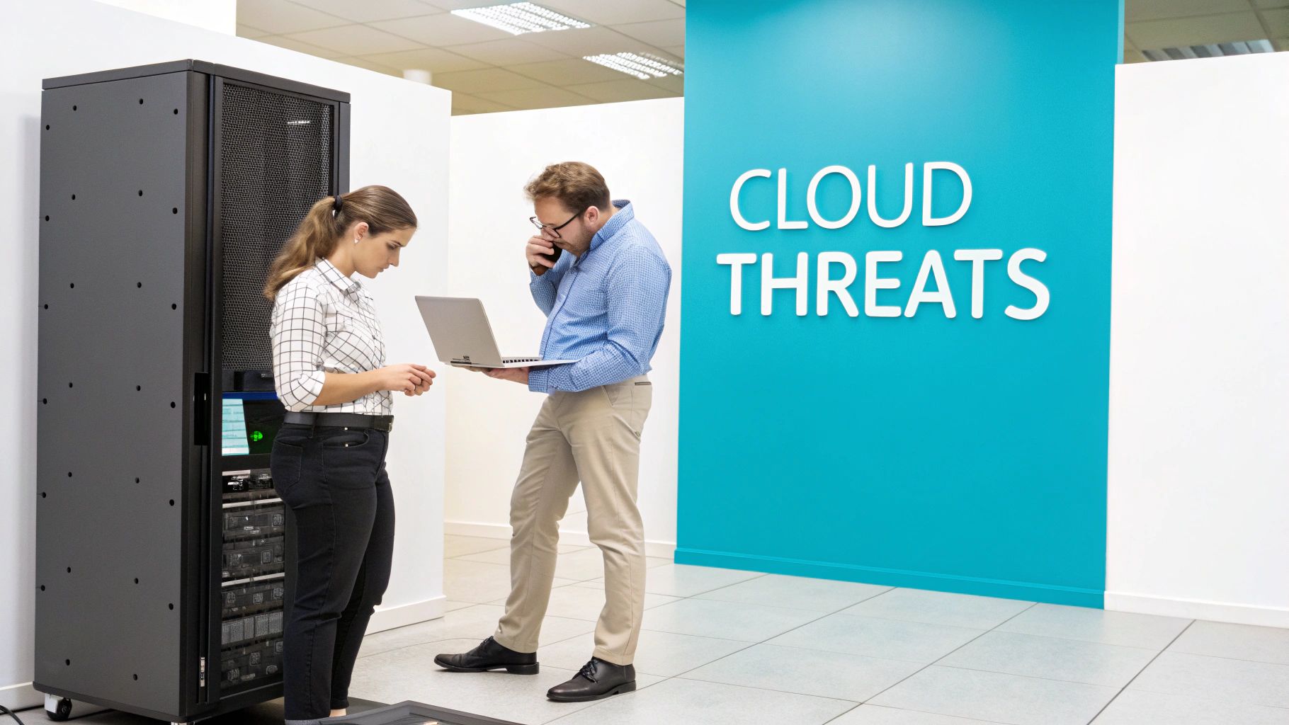 Two IT professionals, a man and a woman, working on servers and cloud security in a data center.