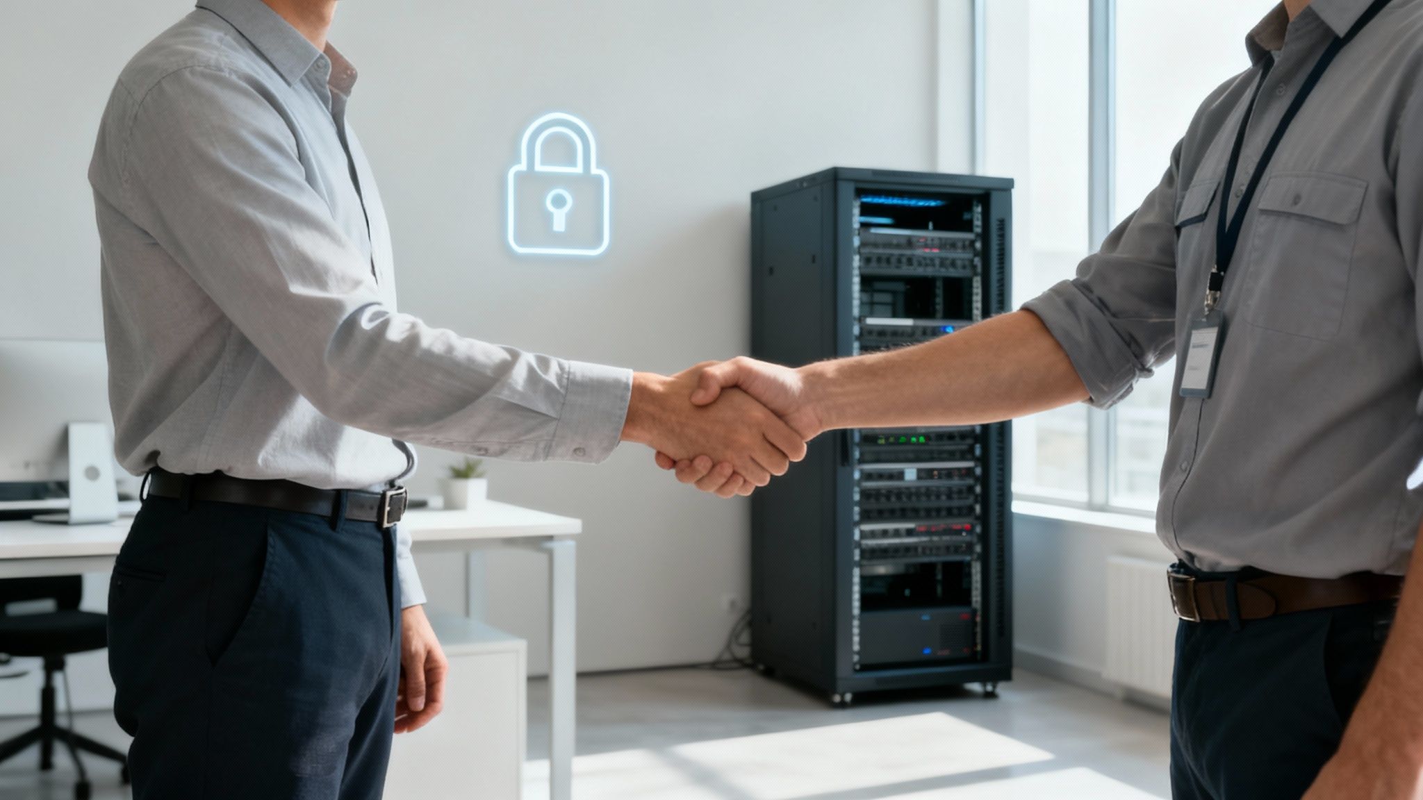 A team of IT professionals collaborating in a modern office, representing a managed IT services team.