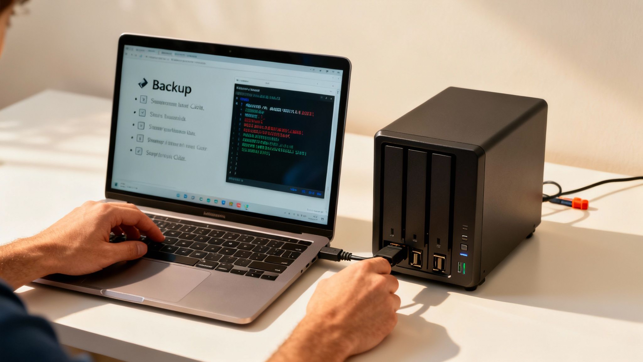 A system administrator working in a server room, symbolizing the hands-on process of implementing a backup solution.