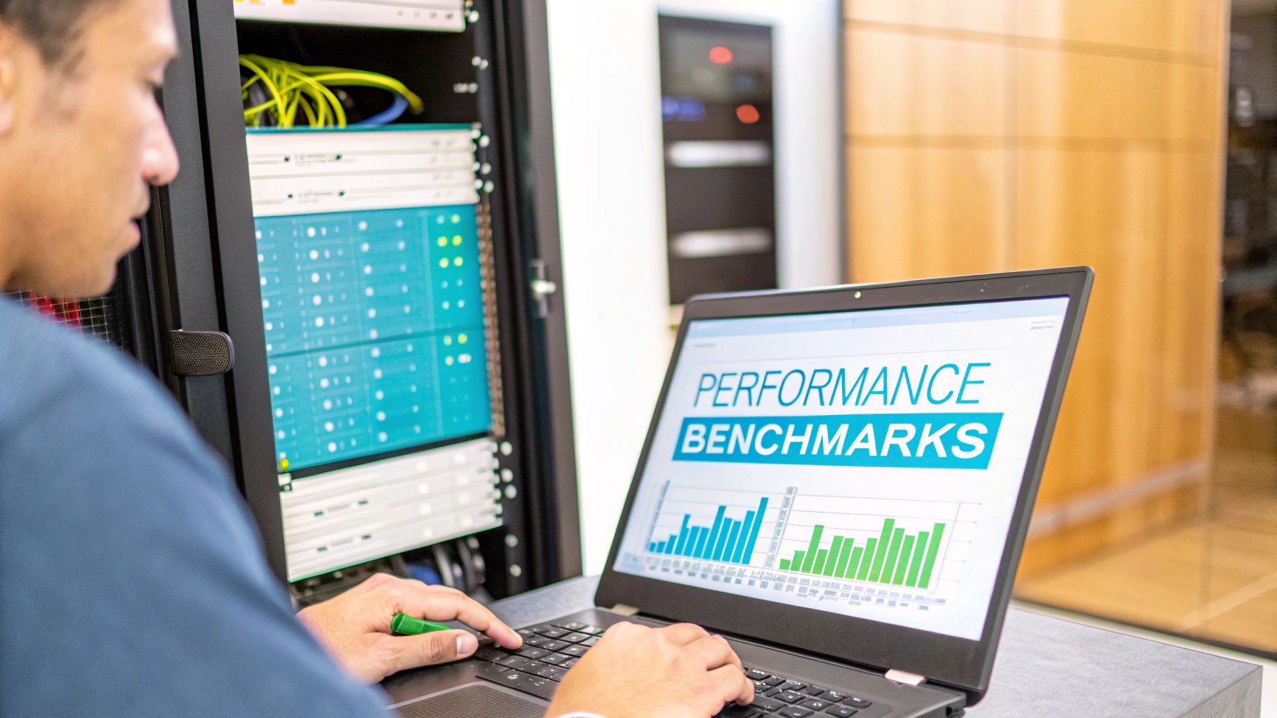 IT professional analyzing performance benchmarks on a laptop next to a server rack.