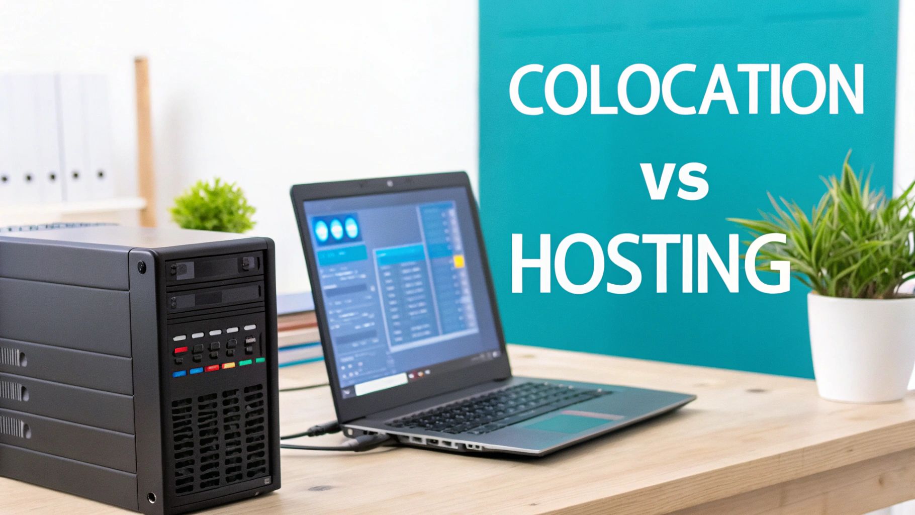 A black server tower and laptop on a wooden desk with 'COLOCATION VS HOSTING' text on a teal background.