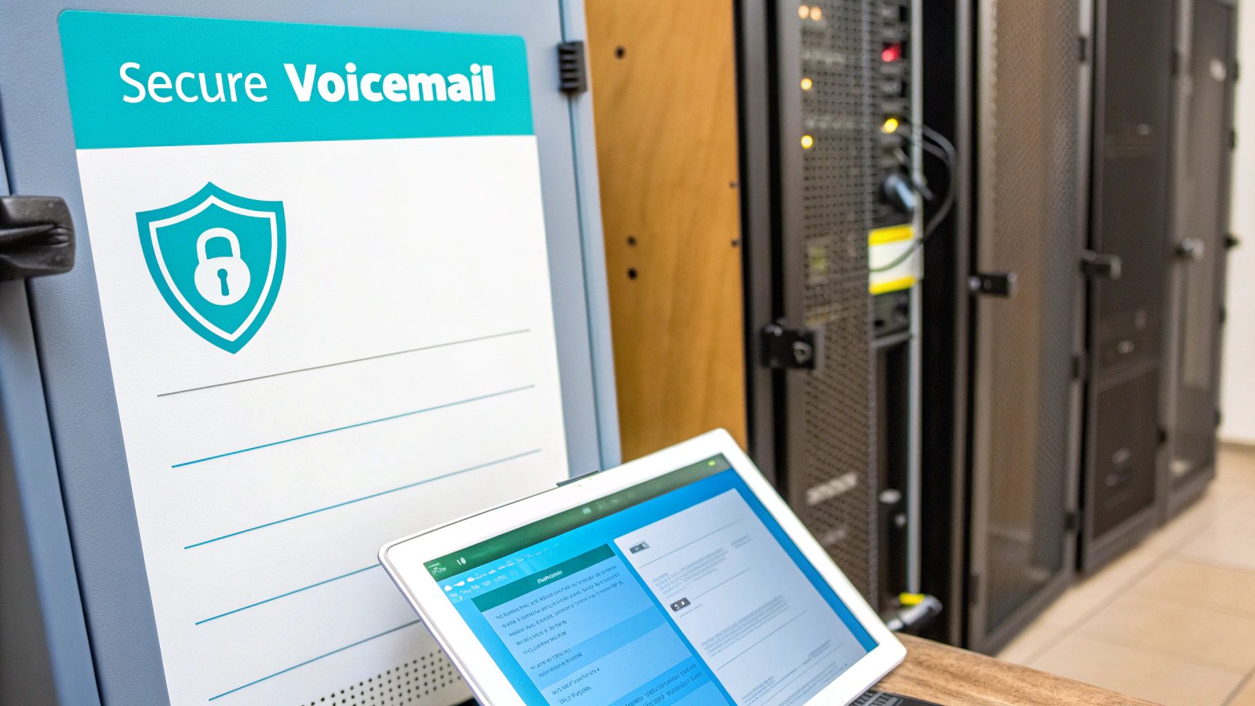 A 'Secure Voicemail' sign featuring a shield and lock icon, with a tablet and server racks.