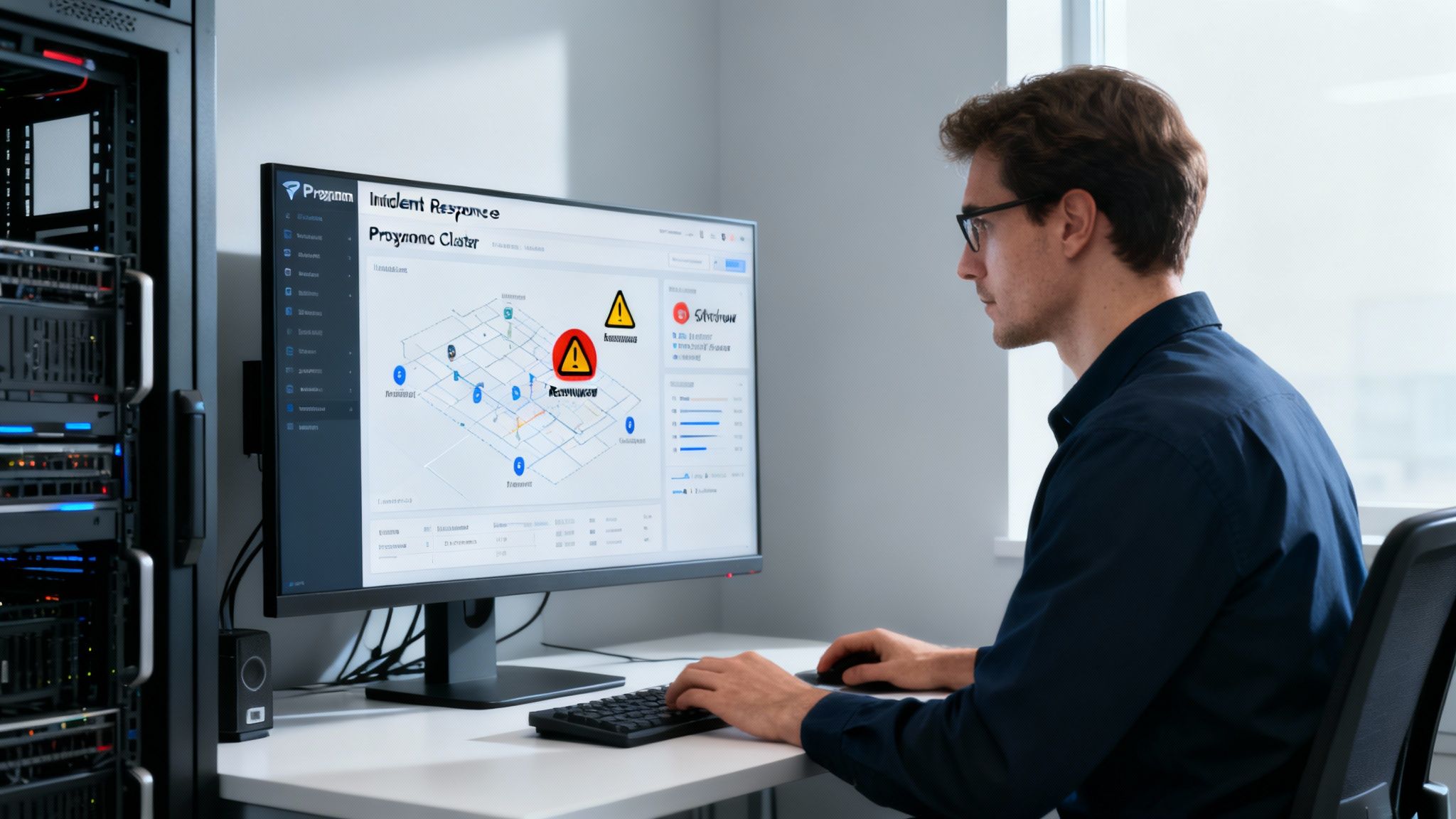 IT professional monitoring incident response dashboard showing ransomware alerts on network security system