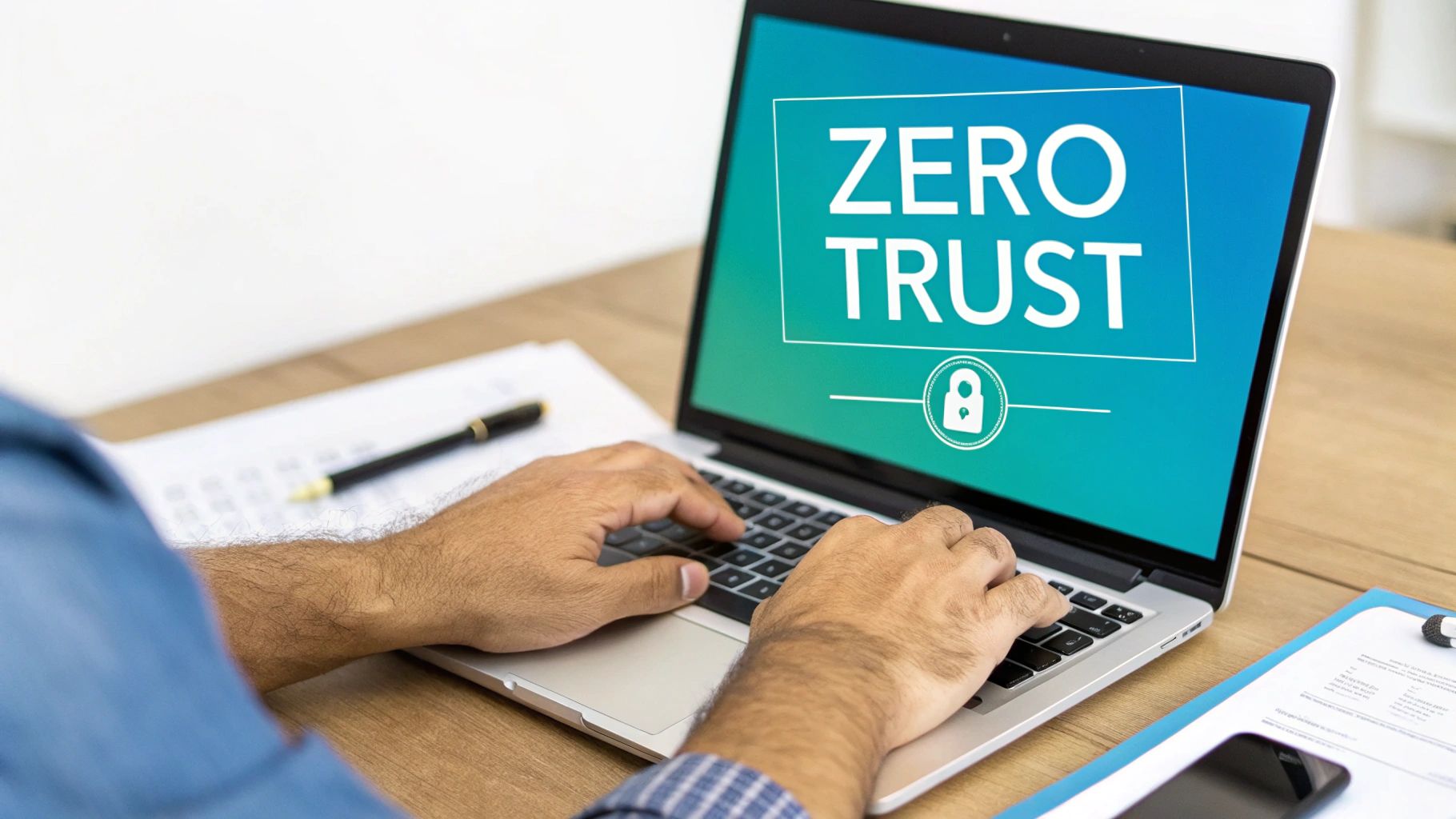 Person typing on a laptop displaying 'ZERO TRUST' security concept with a padlock icon.