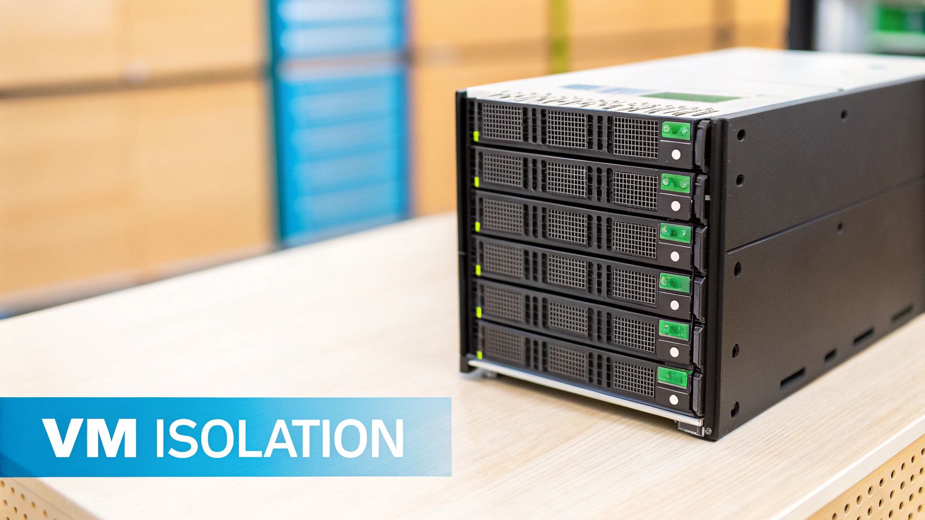 A black server chassis with multiple drives and green indicator lights, placed on a light wooden table, with 'VM ISOLATION' text overlay.