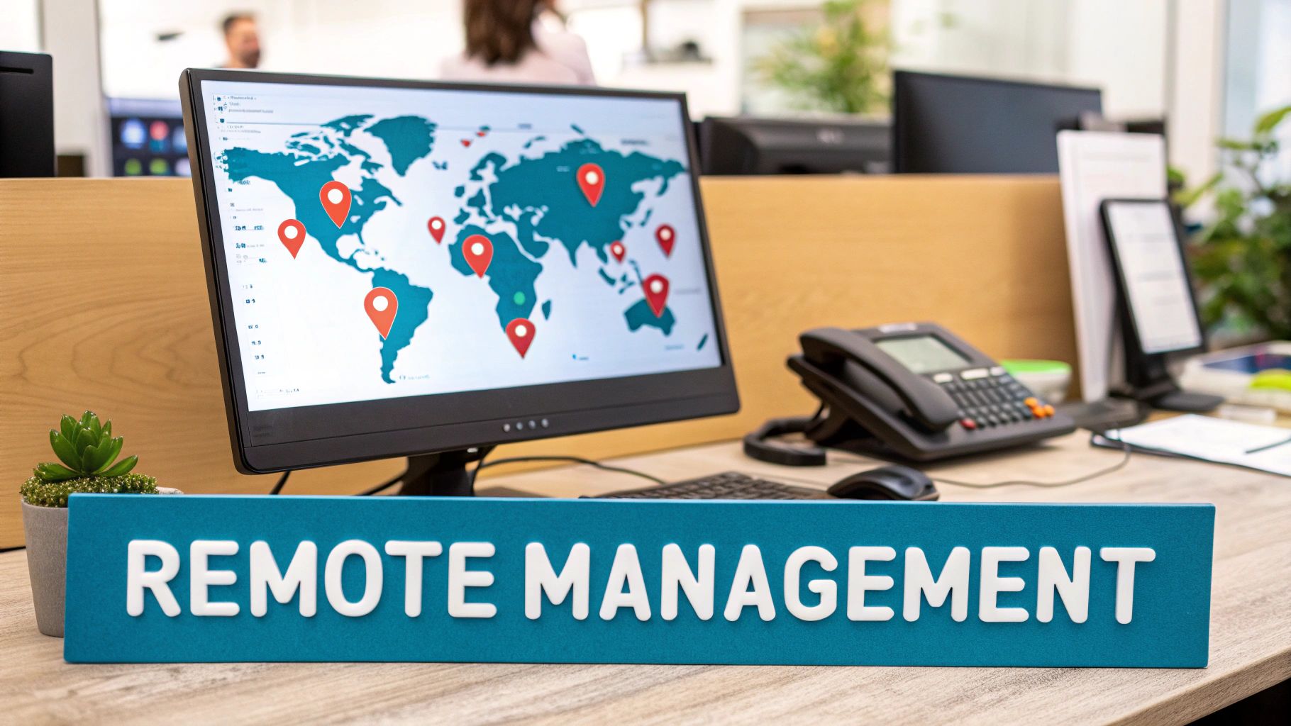 An office desk with a monitor showing a world map, and a 'REMOTE MANAGEMENT' sign in the foreground.
