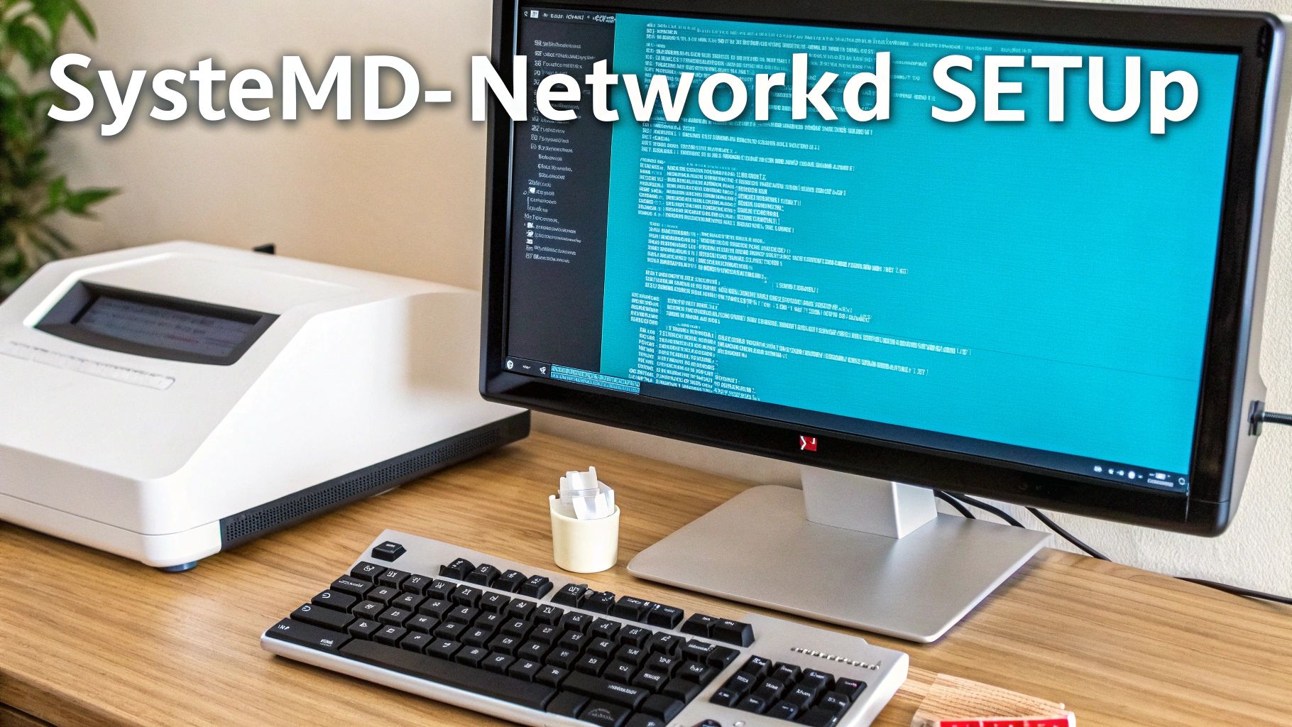 A computer monitor displaying code for a SysteMD-Networkd setup, keyboard, and a white device on a wooden desk.