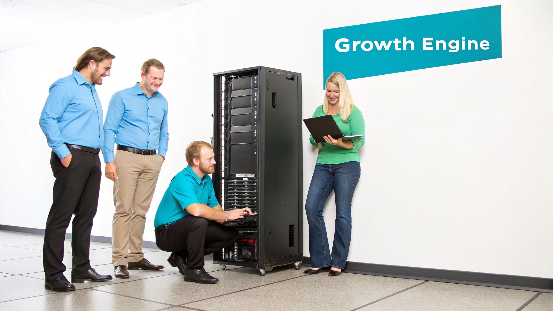 Four IT professionals smiling while managing a server rack in a modern data center.