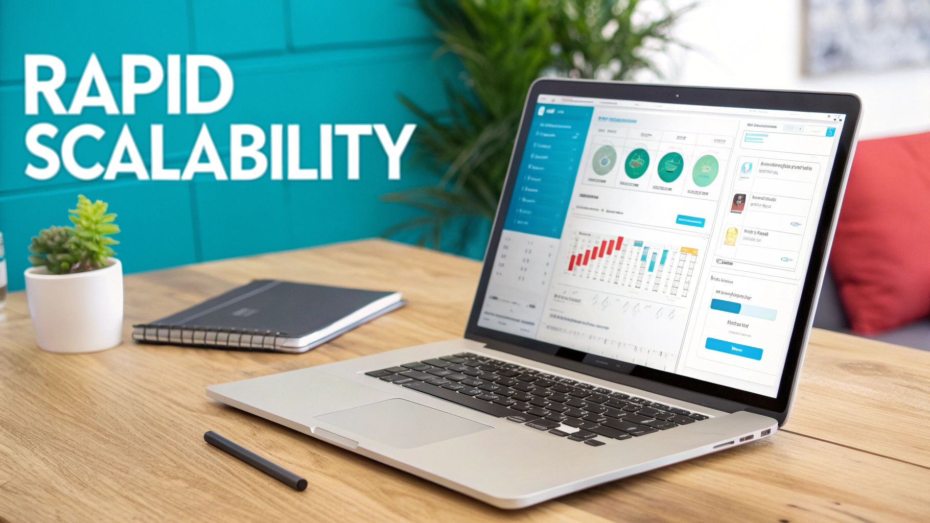 A laptop on a wooden desk displays a business dashboard with charts, beside a plant and notebook.