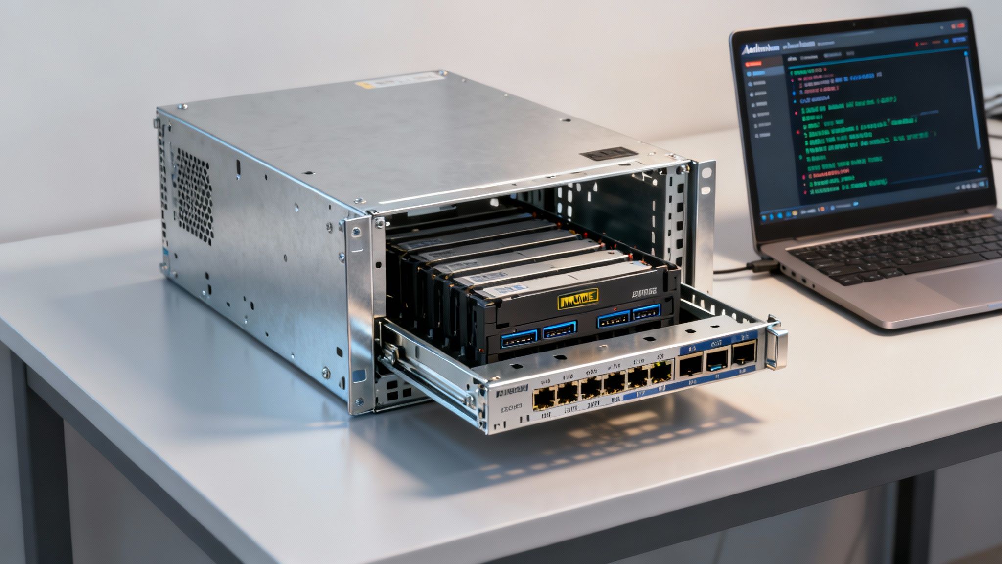 A technician working on a bare metal server in a data center