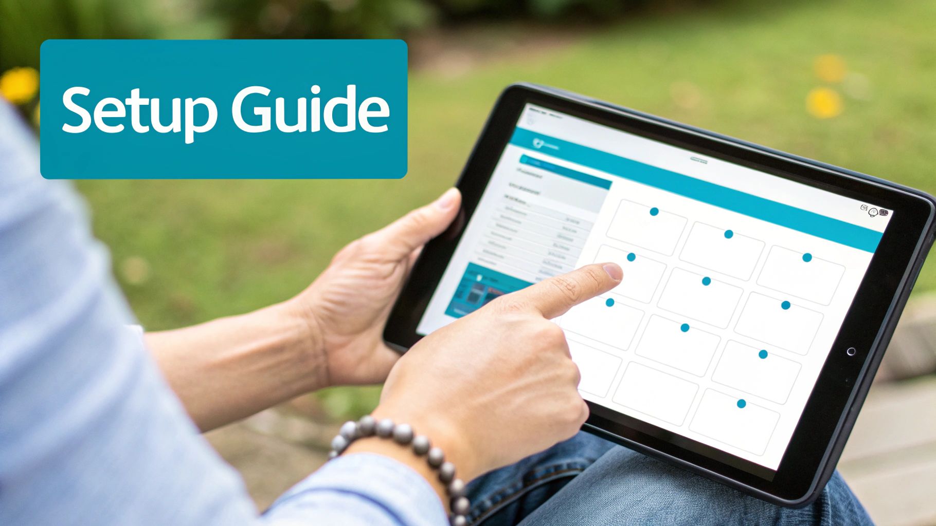 A person's hands hold a tablet displaying a 'Setup Guide' interface, with a finger pointing at the screen.