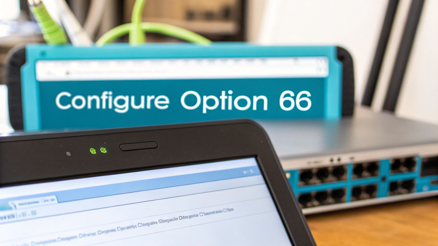 A laptop screen and network devices with 'Configure Option 66' displayed on a blue panel.