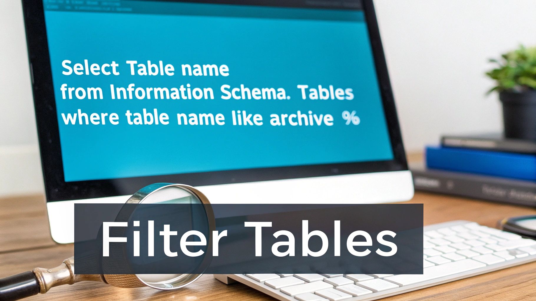 A computer monitor displays a SQL query to filter database tables, with a magnifying glass over 'Filter Tables' text.