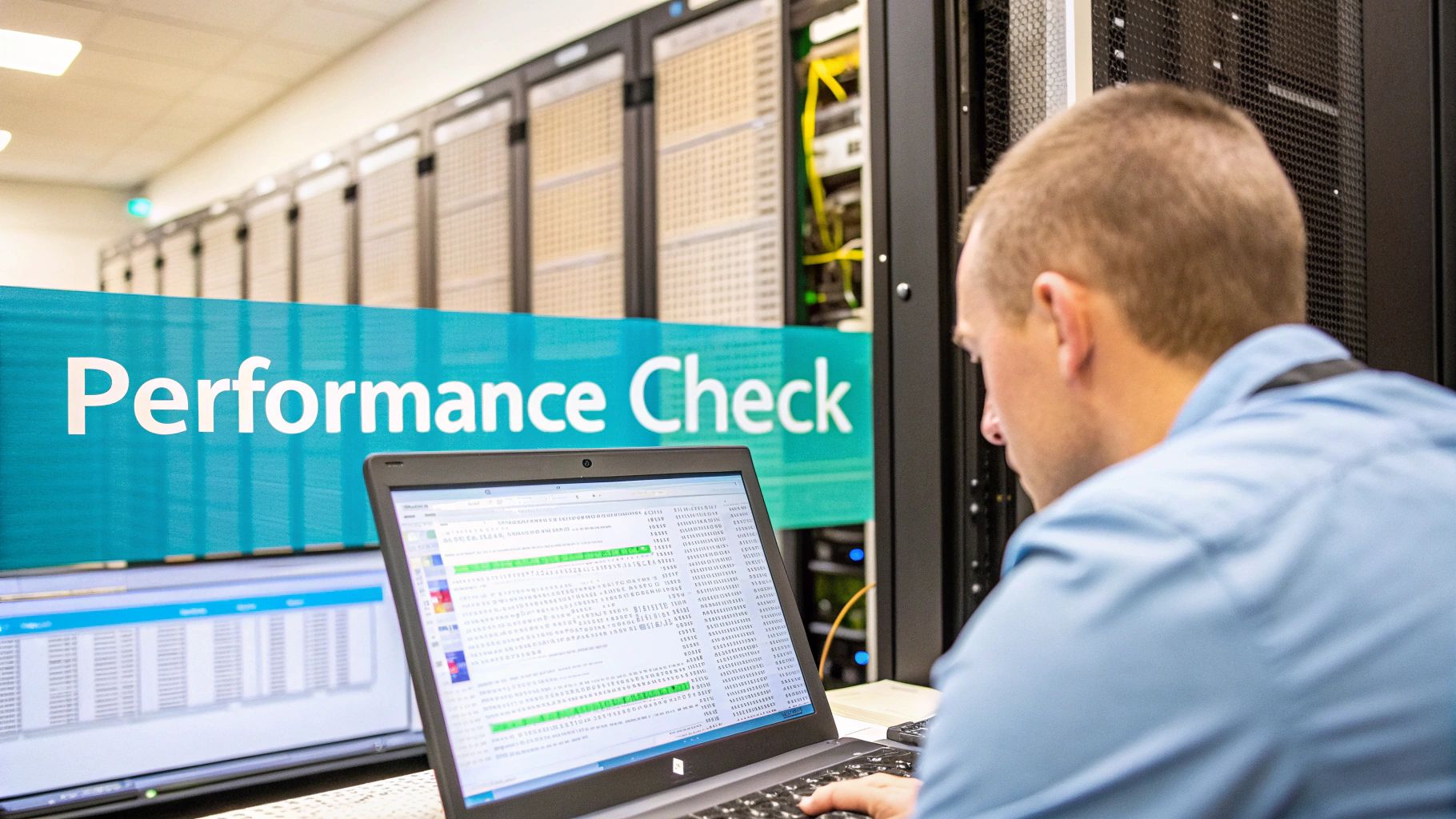 A technician working on a server rack in a secure data center, highlighting the importance of security and compliance in web hosting.