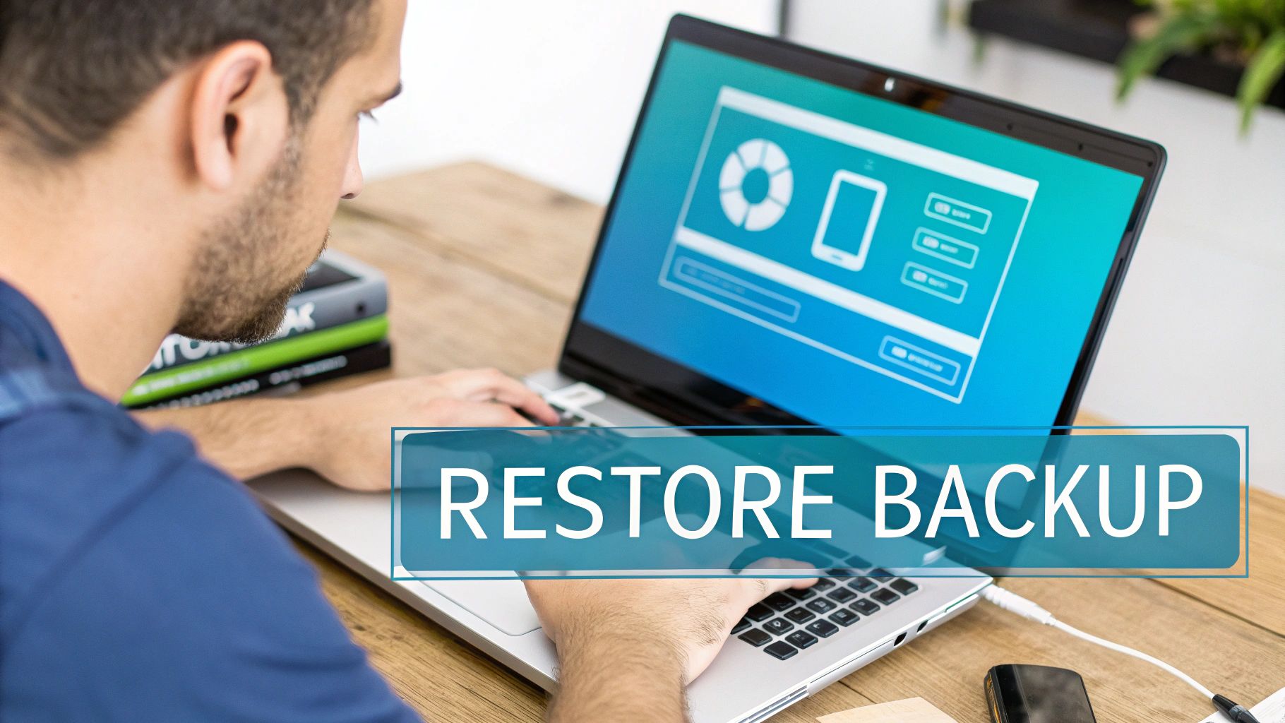 Man working on a laptop with a data management interface and 'RESTORE BACKUP' text.