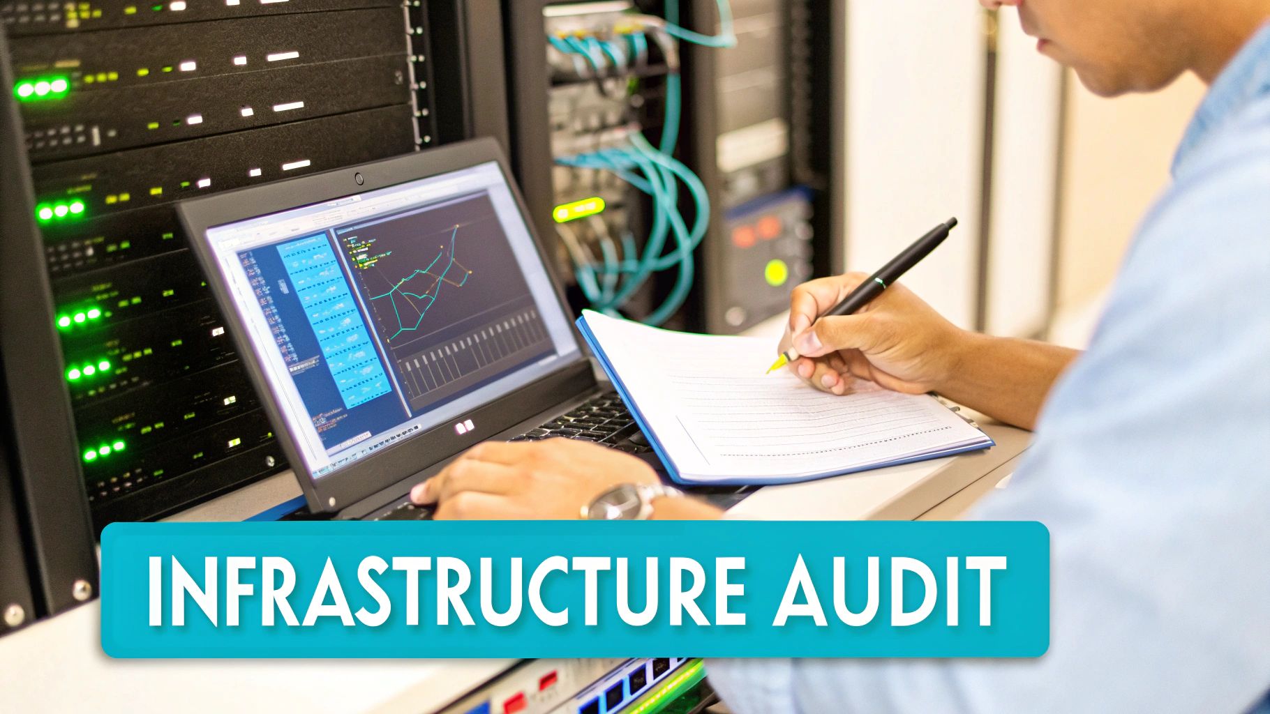 A person performing an infrastructure audit, analyzing data on a laptop and taking notes in a server room.