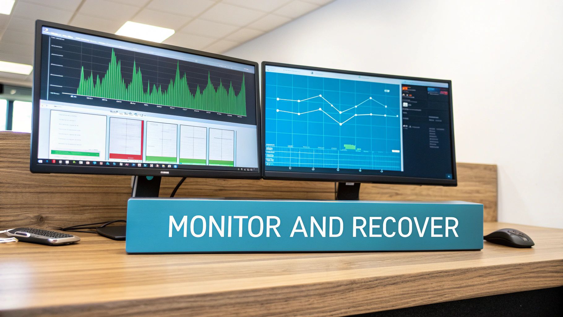 Dual monitors display graphs and data in an IT monitoring station, with a sign reading 'MONITOR AND RECOVER'.