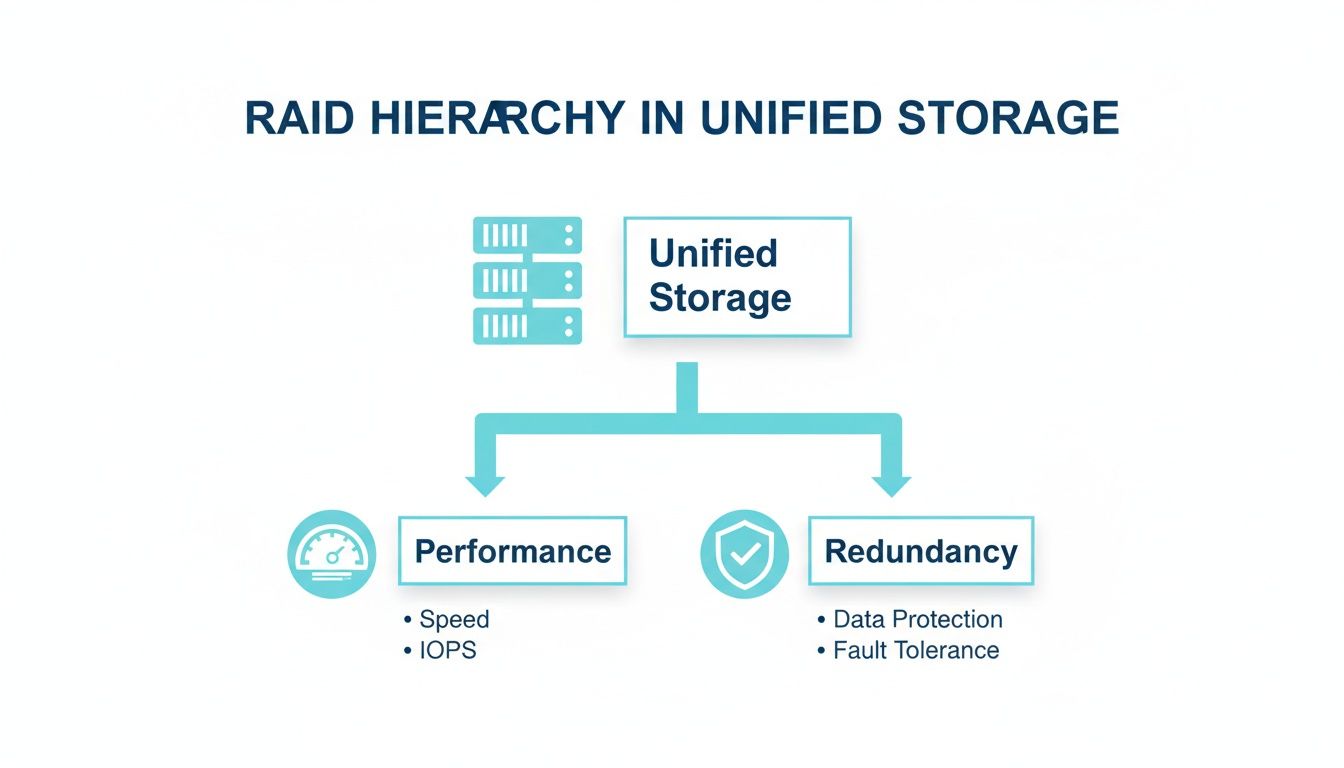 Diagram showing RAID hierarchy in unified storage, highlighting performance and redundancy aspects like speed and data protection.