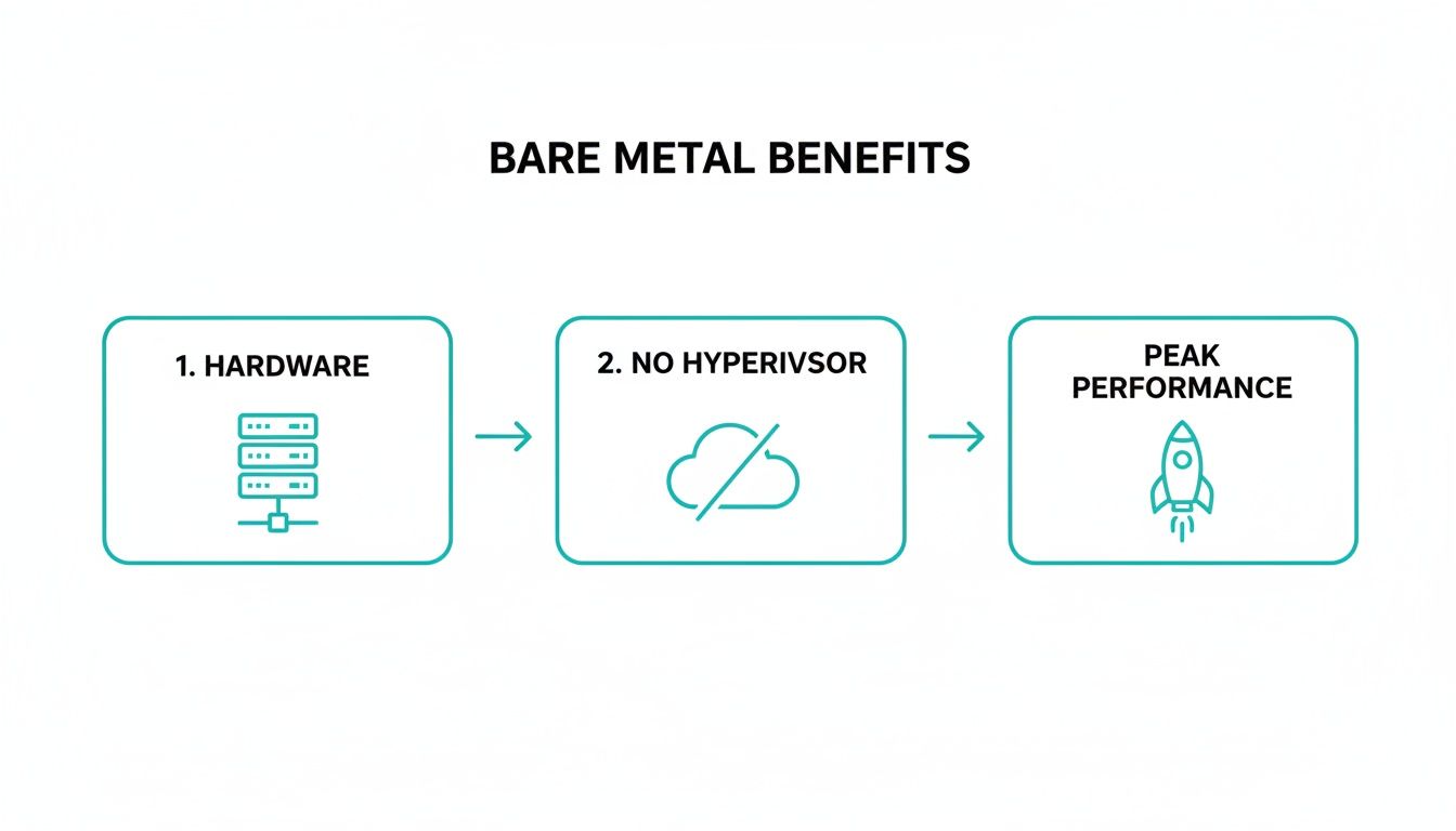 Flowchart illustrating bare metal benefits: direct hardware access, no hypervisor, leading to peak performance.