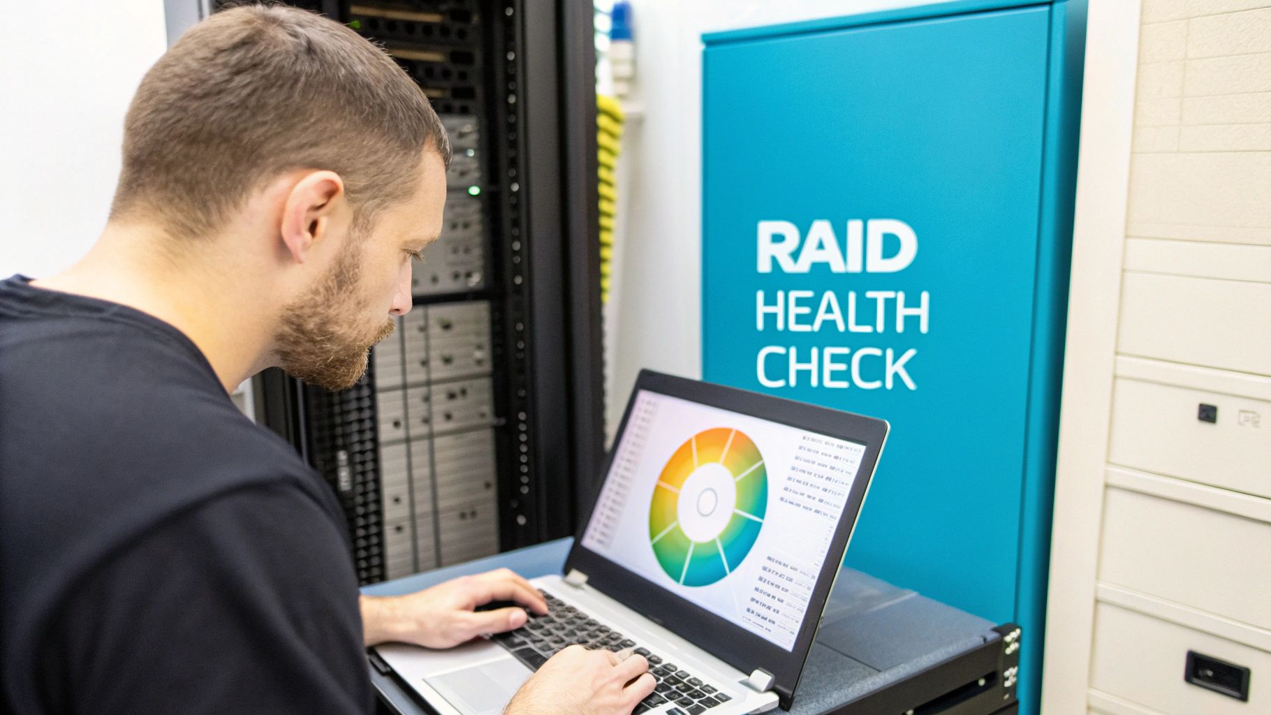 IT professional performs a RAID health check on a laptop in a server room.