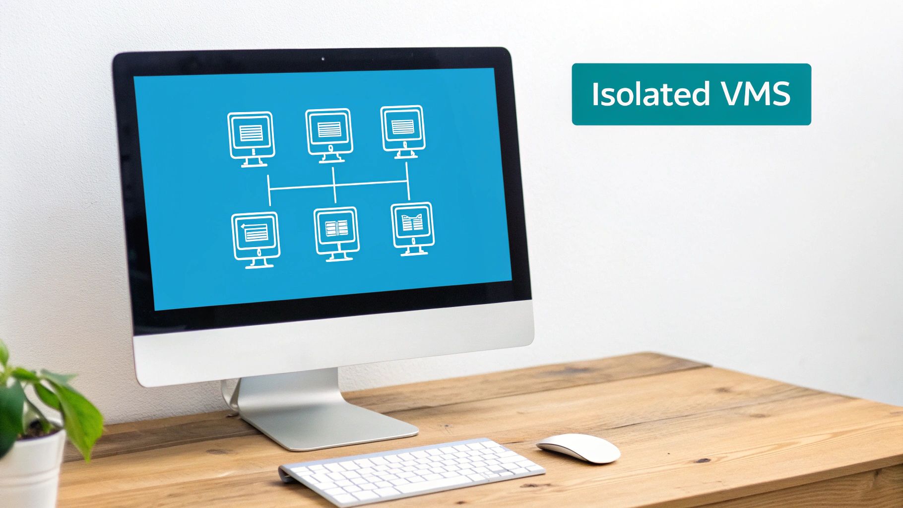 A computer monitor on a wooden desk displays a network diagram of virtual machines, with 'Isolated VMS' text.