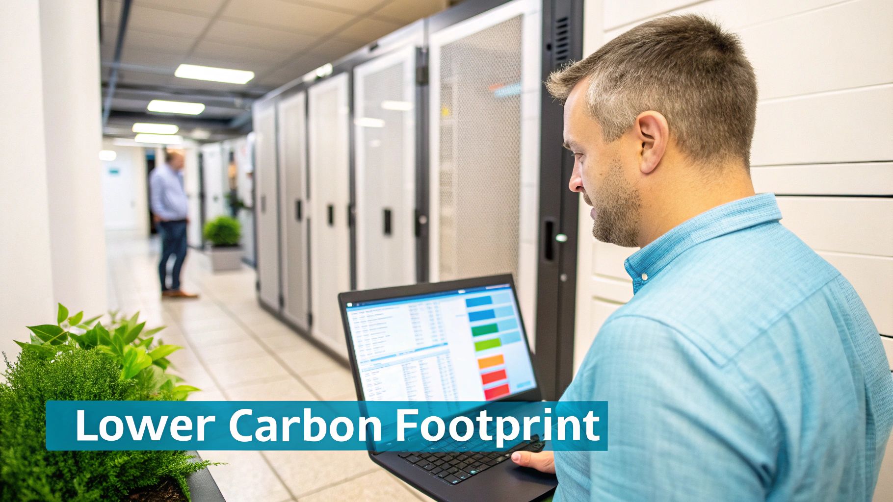 Man in a data center optimizing IT with a laptop, promoting a lower carbon footprint.