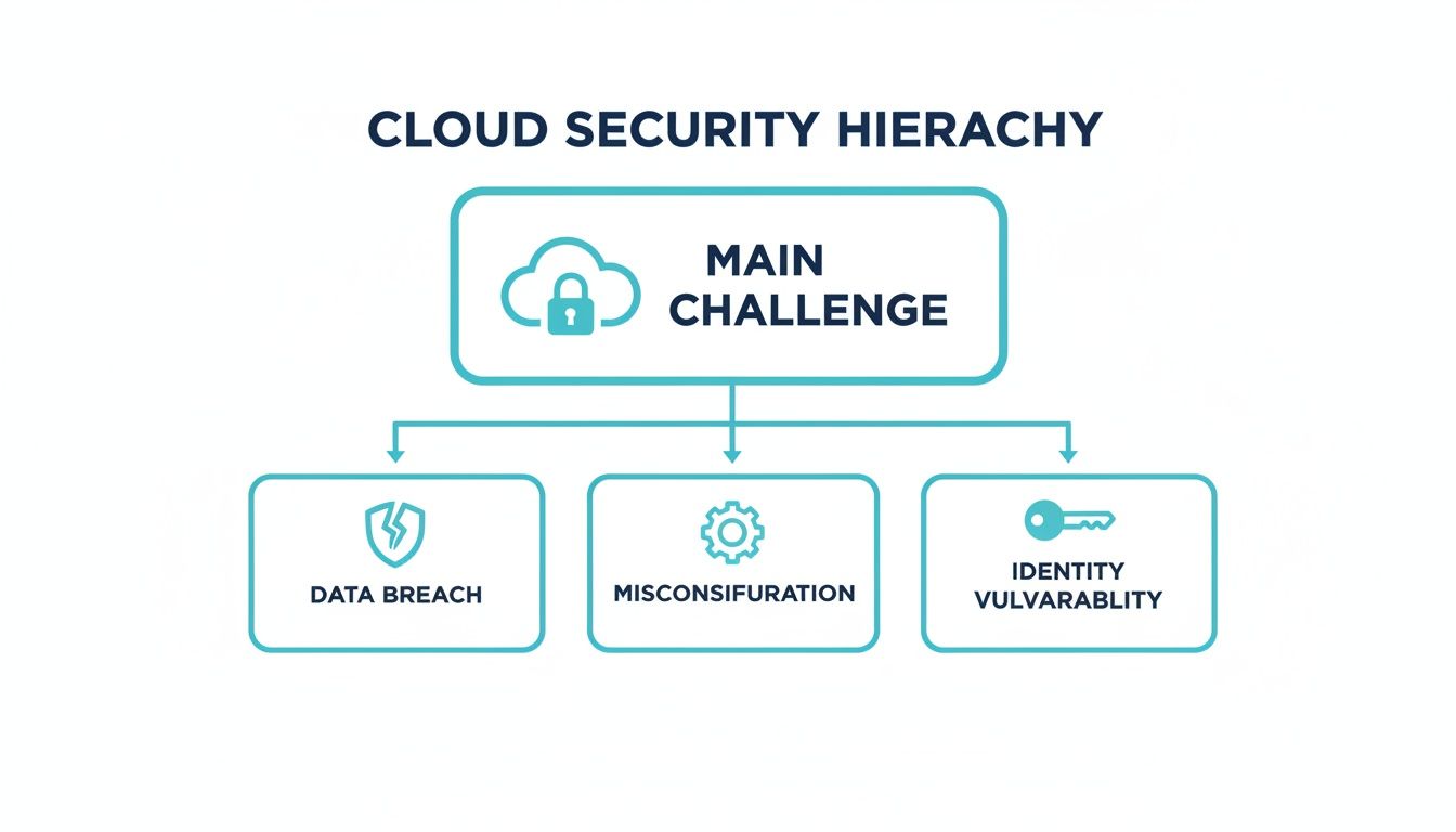 Cloud security hierarchy diagram outlining the main challenge: data breach, misconfiguration, and identity vulnerability.