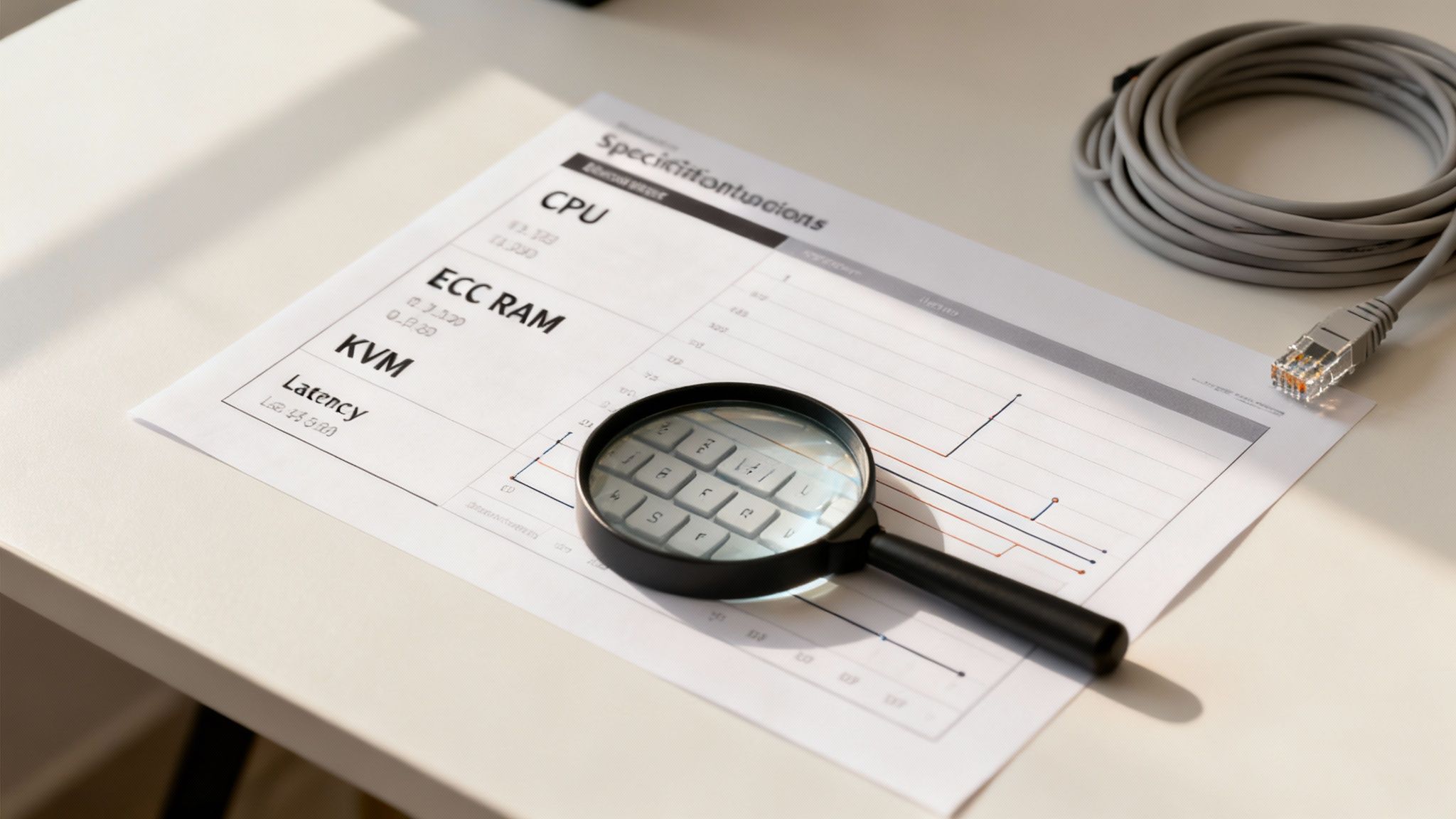 A magnifying glass on a technical specifications document with an Ethernet cable, for cheap unmanaged VPS hosting.