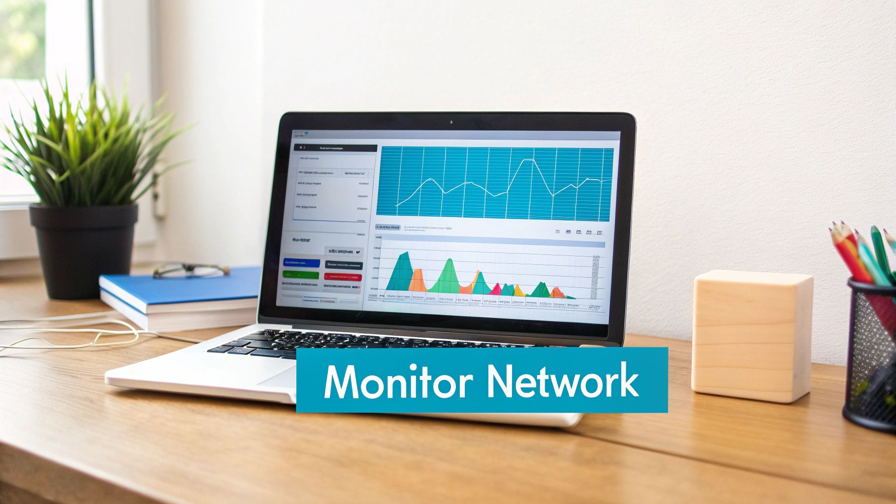 A laptop displays network monitoring graphs on a wooden desk with a plant and office items.