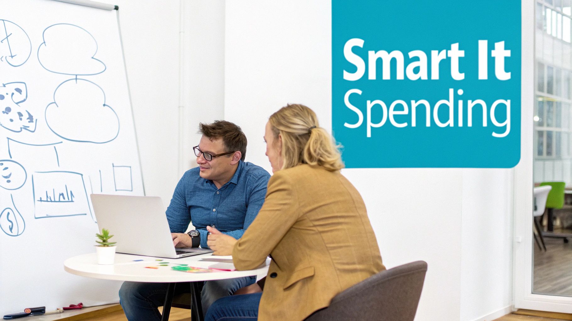 Two business professionals discussing at a table with a laptop, next to a whiteboard and a 'Smart It Spending' sign.