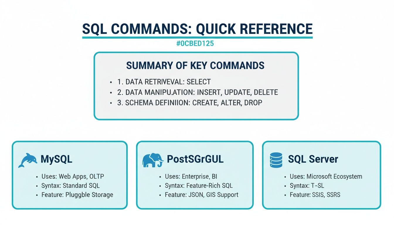 A quick reference guide summarizing key SQL commands and popular database systems like MySQL, PostgreSQL, and SQL Server.