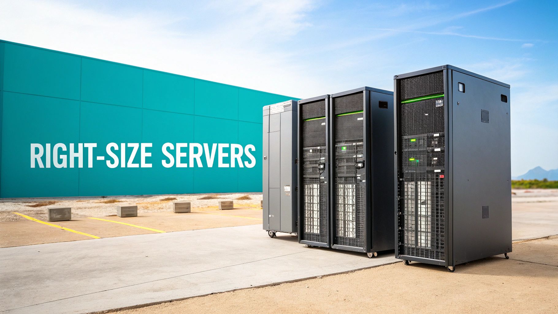 Several large server racks stand outdoors next to a teal building displaying 'RIGHT-SIZE SERVERS' under a blue sky.
