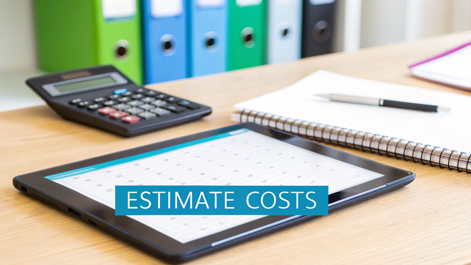 A desk setup with a calculator, a tablet showing 'Estimate Costs', a notebook, and colorful binders, signifying financial planning.