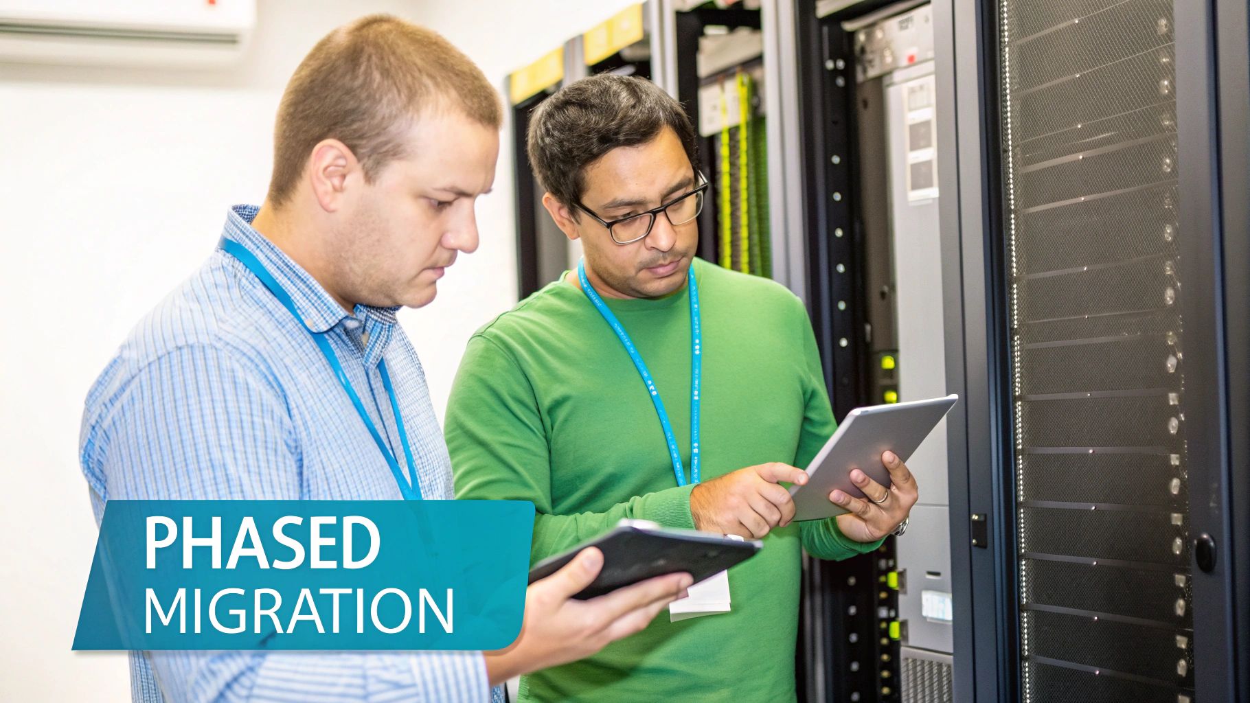 Two IT professionals in a data center inspecting server racks and data migration plans on tablets.