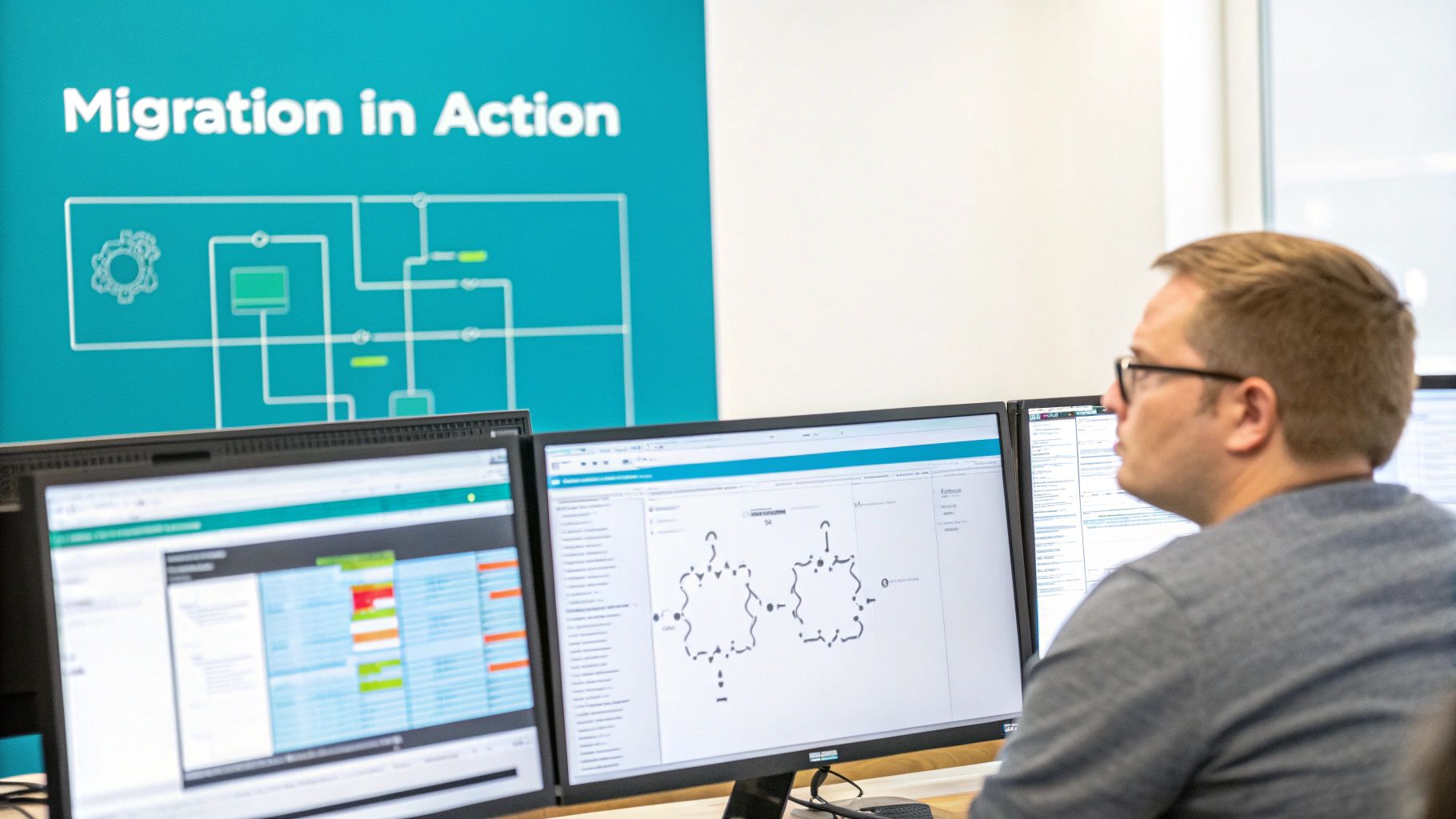 Man intently monitoring complex data diagrams on dual screens at an IT workspace, with 'Migration in Action' text.
