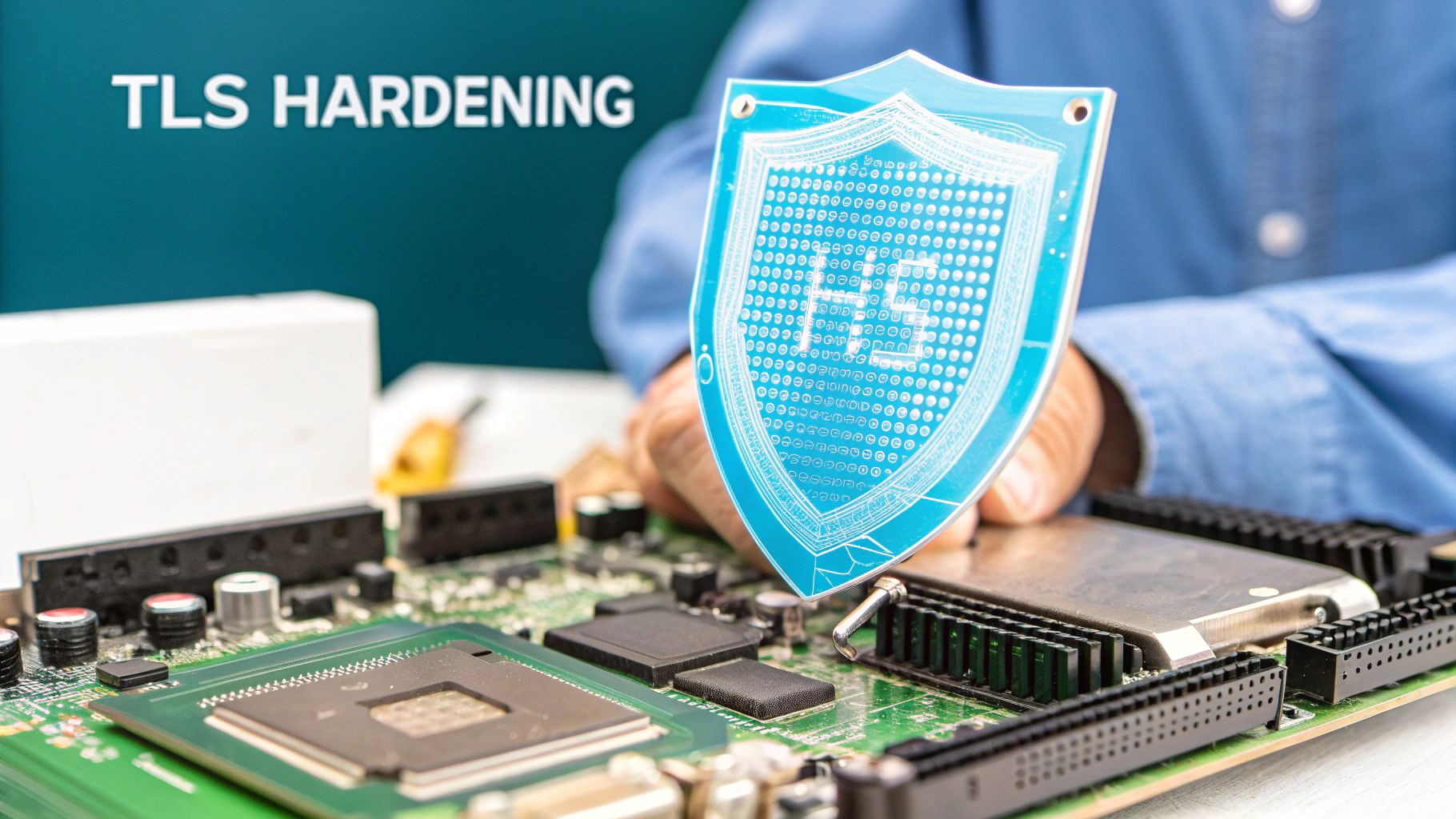 A person holds a blue TLS shield icon over a circuit board, with 'TLS HARDENING' text.