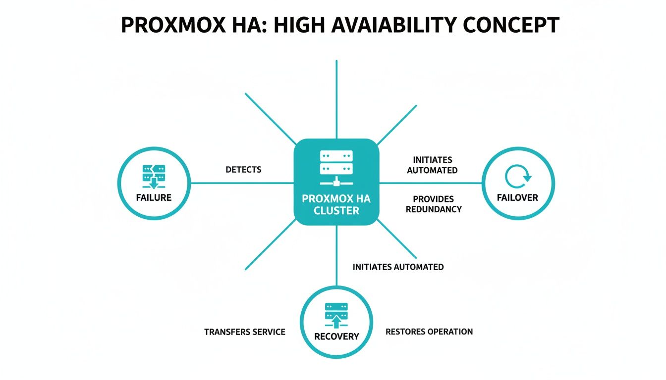 Diagram showing the Proxmox HA (High Availability) concept, illustrating failure detection, automated failover, and service recovery.