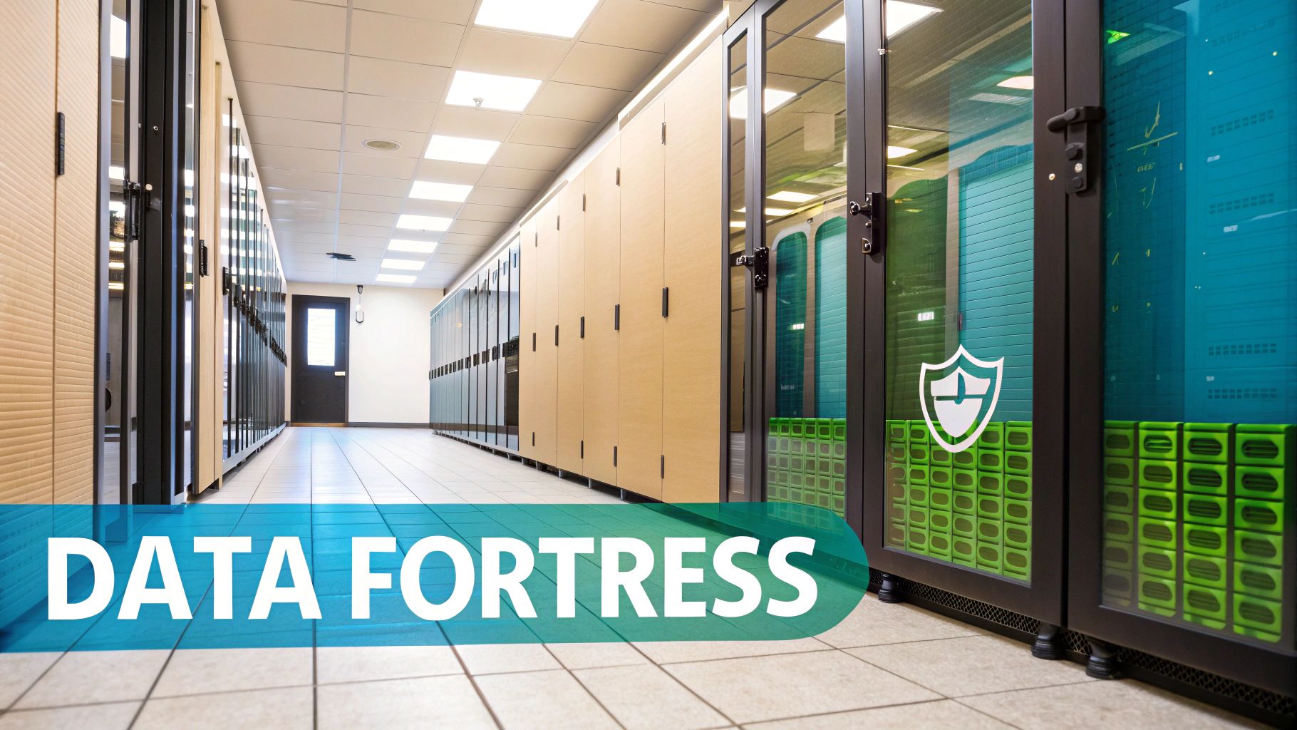 View of a data fortress, a secure data center hallway with many server racks.