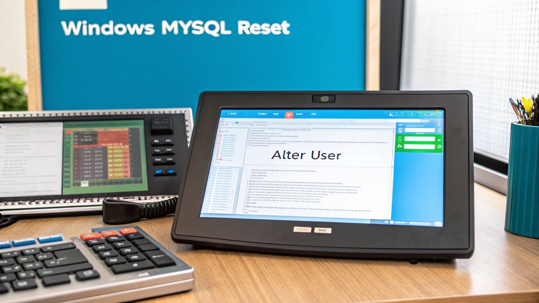 A tablet displays 'Alter User' on a desk with a keyboard and a screen showing 'Windows MySQL Reset'.