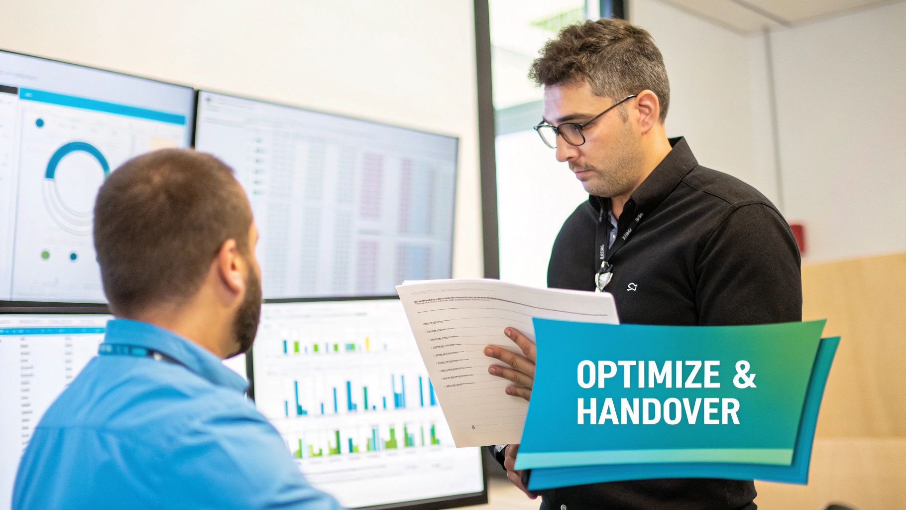 Two IT professionals review data on multiple monitors and documents in a modern control room setting.