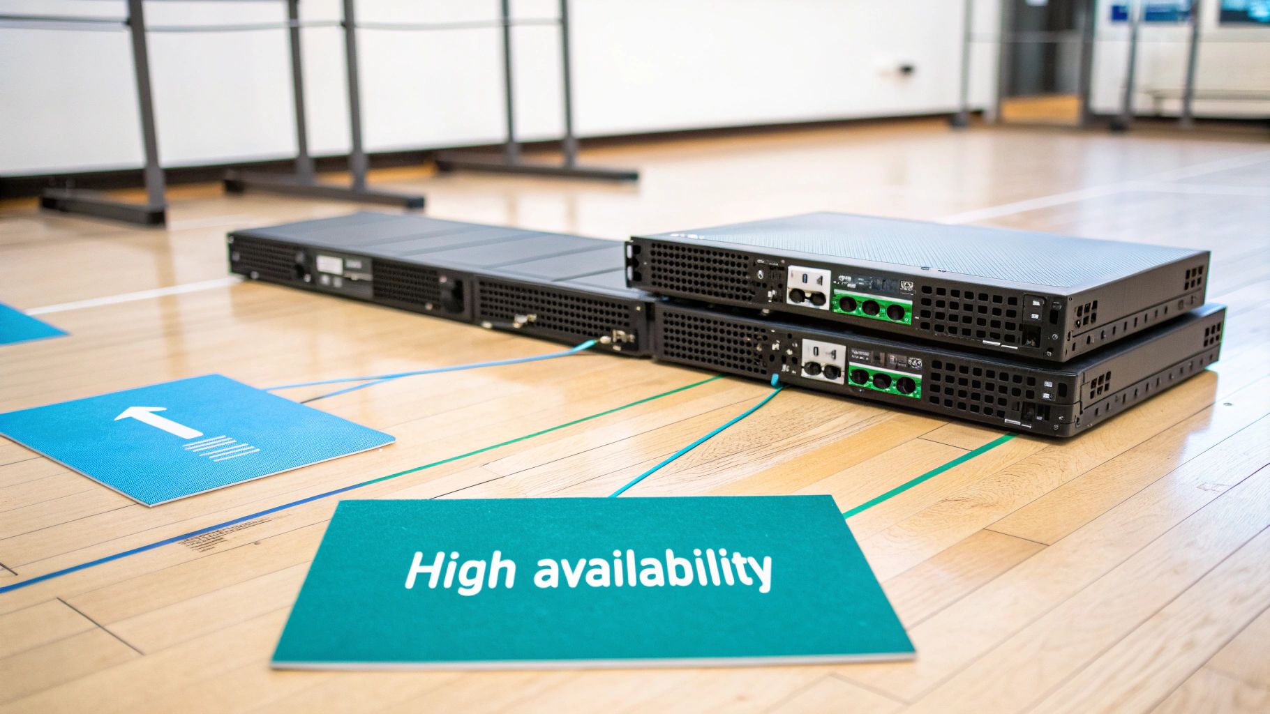 Network servers connected by blue and green cables on a wooden floor, with a 'High availability' sign.